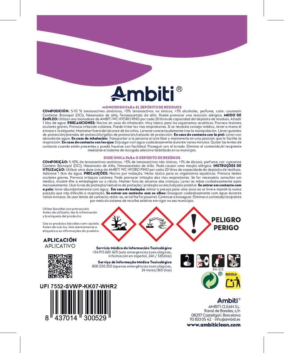 Ambiti | WC Hydro | Monodosis Hidrosolubles para Depósito de Residuos de Autocaravanas,Caravanas y Campers| Antibacteriano| Elimina Deshechos Orgánicos y Papel Higiénico| Fragancia Pino| 15ud