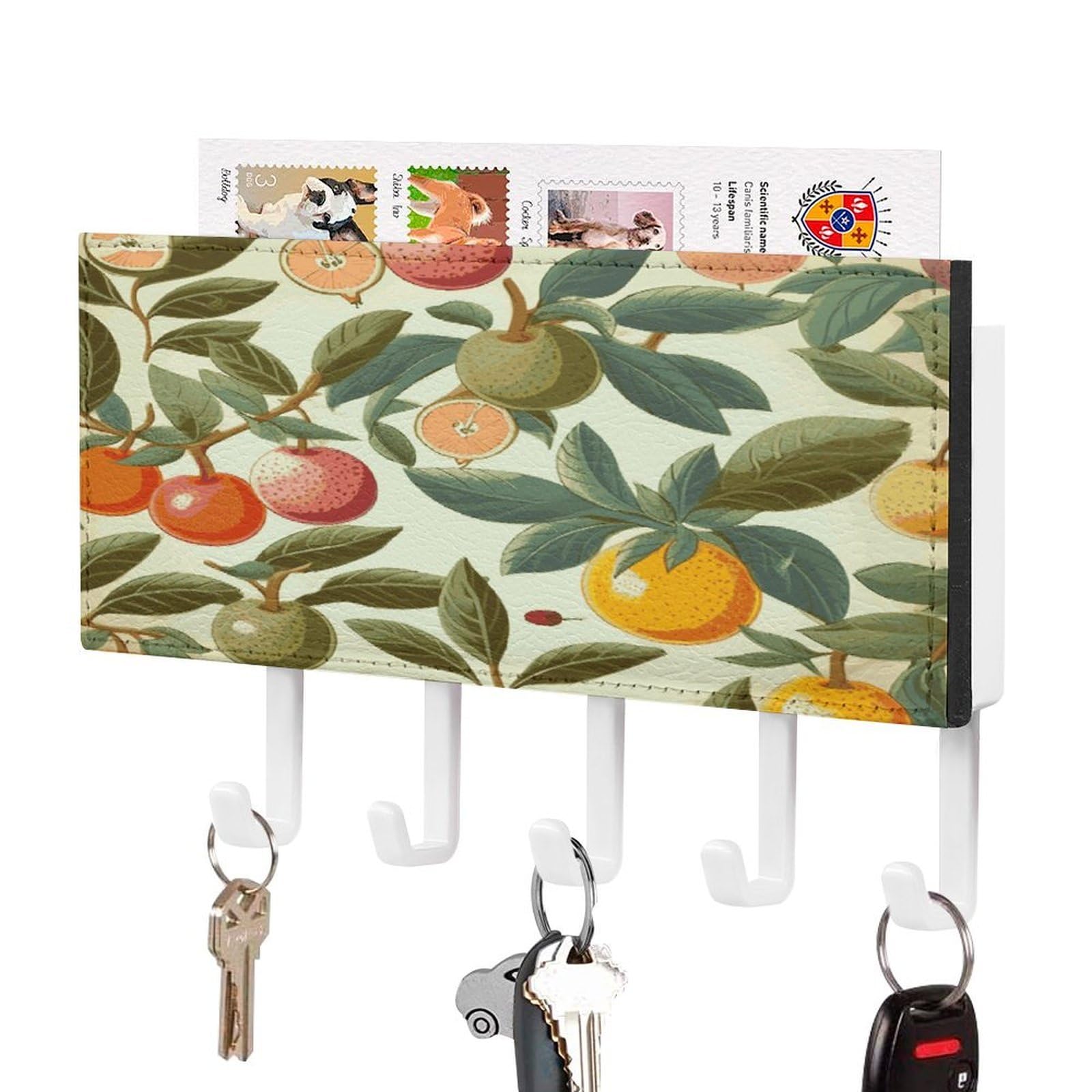 FekiLoot Plants and Fruits Key Holder Wall Mount Key and Mail Holder Key Hanger with 5 Hooks Decorative PU Key Rack Hanging Key Hooks for Wall Living Room Kitchen Bathroom Hallway White-Style