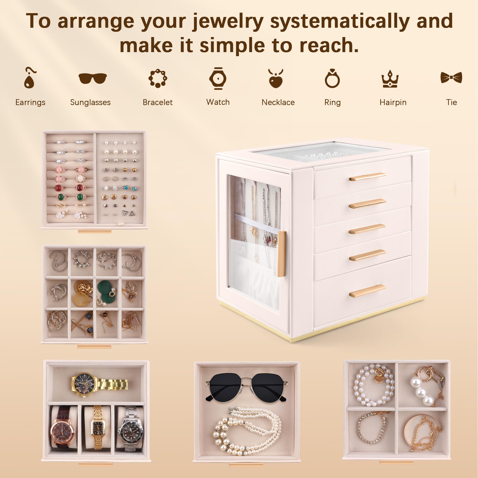 Homeanda Großes Schmuckkästchen für Frauen - 5 Lagen PU Leder Aufbewahrungsbox für Ringe, Ohrringe, Halsketten, Armbänder, Uhren & Haarschmuck（Beige）