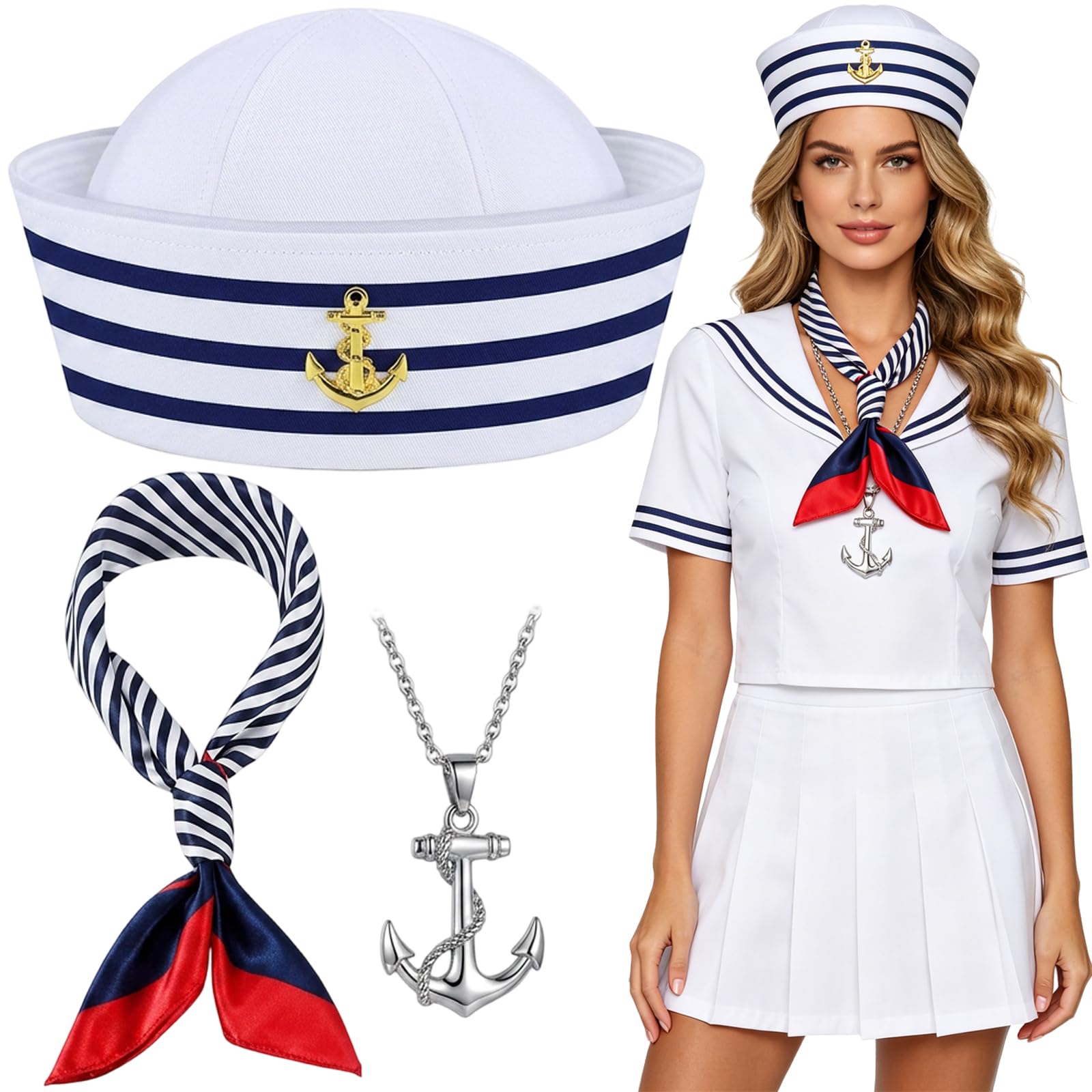 Sailor Hats, Halloween Costumes, 3 PCS Nautical Themes Captain Accessories set with Necklace, Sailor Hat and Scarf, Sailor Outfit for Attending Halloweens and Parties Use by Those Aged 15 and Above