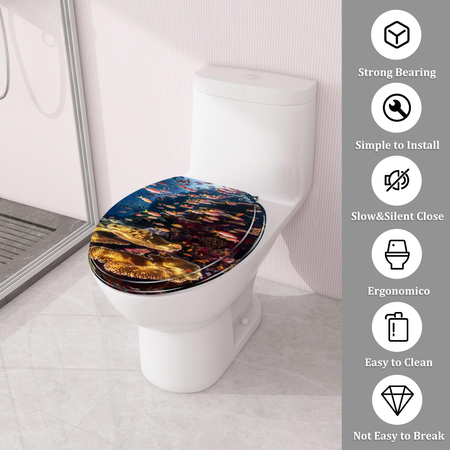 Round Toilet Seat Dynamic Fish Patterns Coral Reefs Resin Toilet Seat Quietly Close Quick Release Hinges Decorative Toilet Seat with Cover Easy to Install