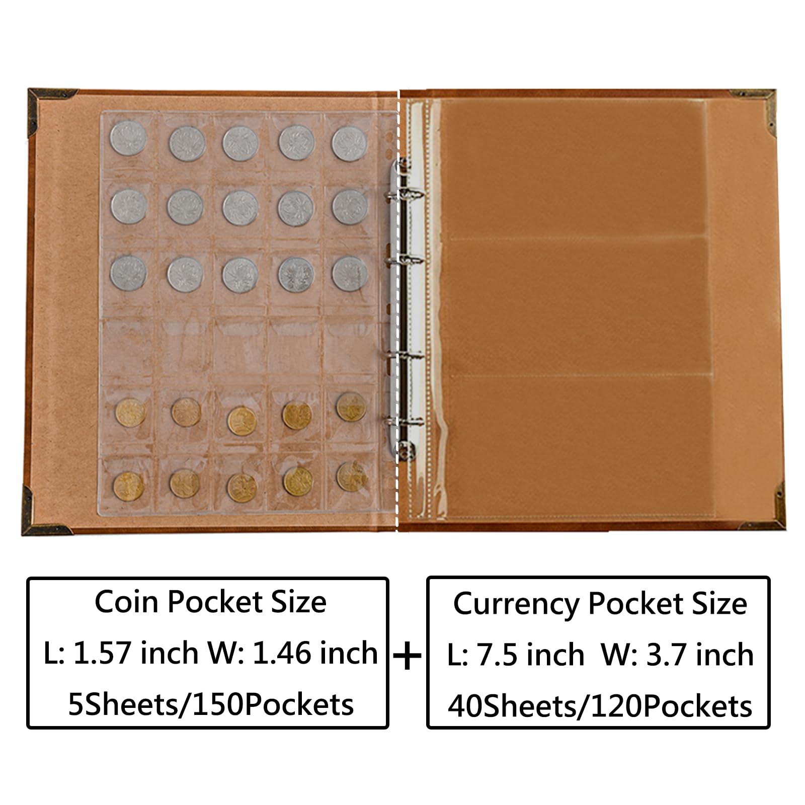 Geldalbum mit 120 Taschen für Scheine + 150 Taschen für Münzen, Sammelalbum für Banknoten, Rechnungen, Sammlerzubehör (40 + 5 Blatt).
