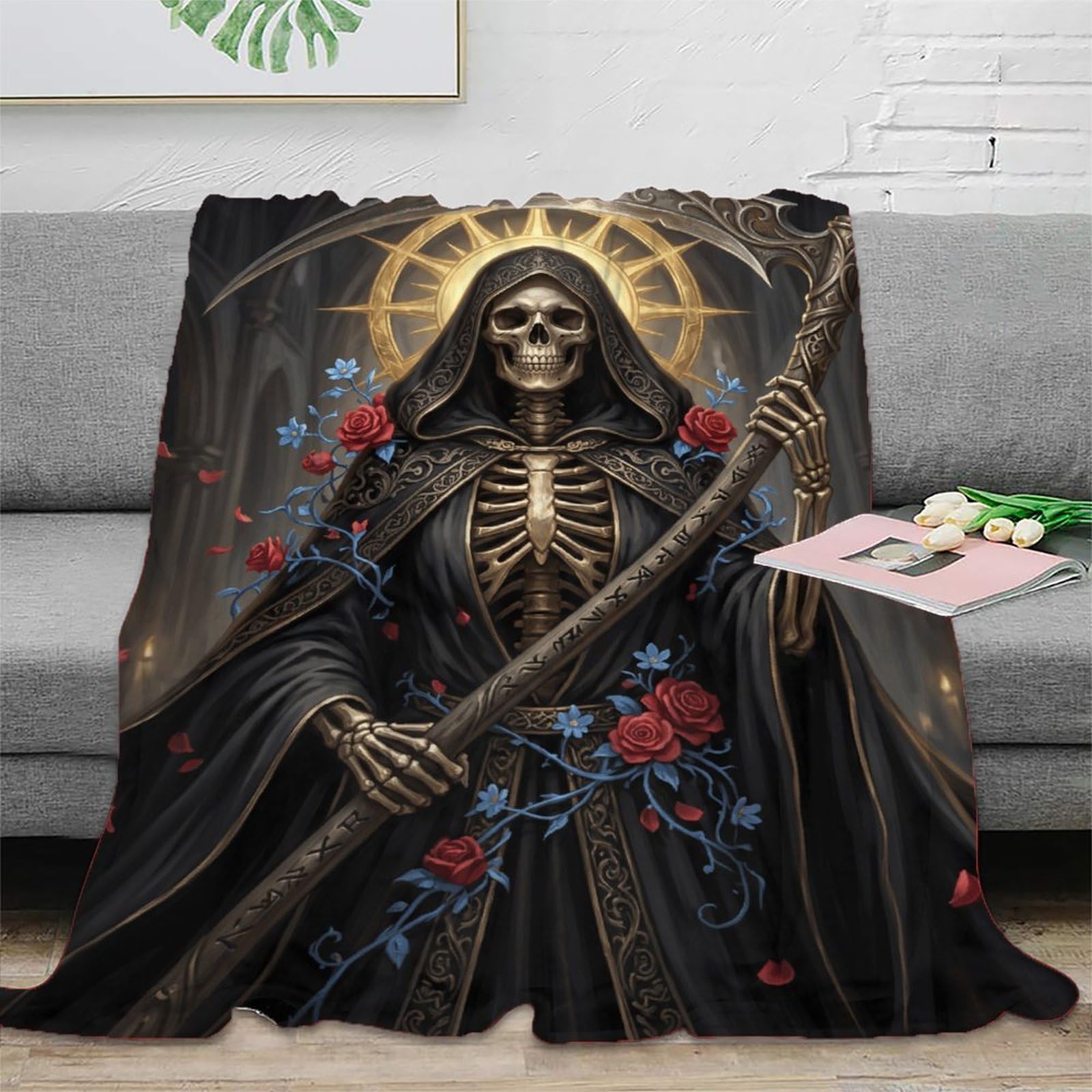 W7C8U2X3 Grim Reaper Cathedral Blanket, Flannel, TV, Moonlit Horror Print