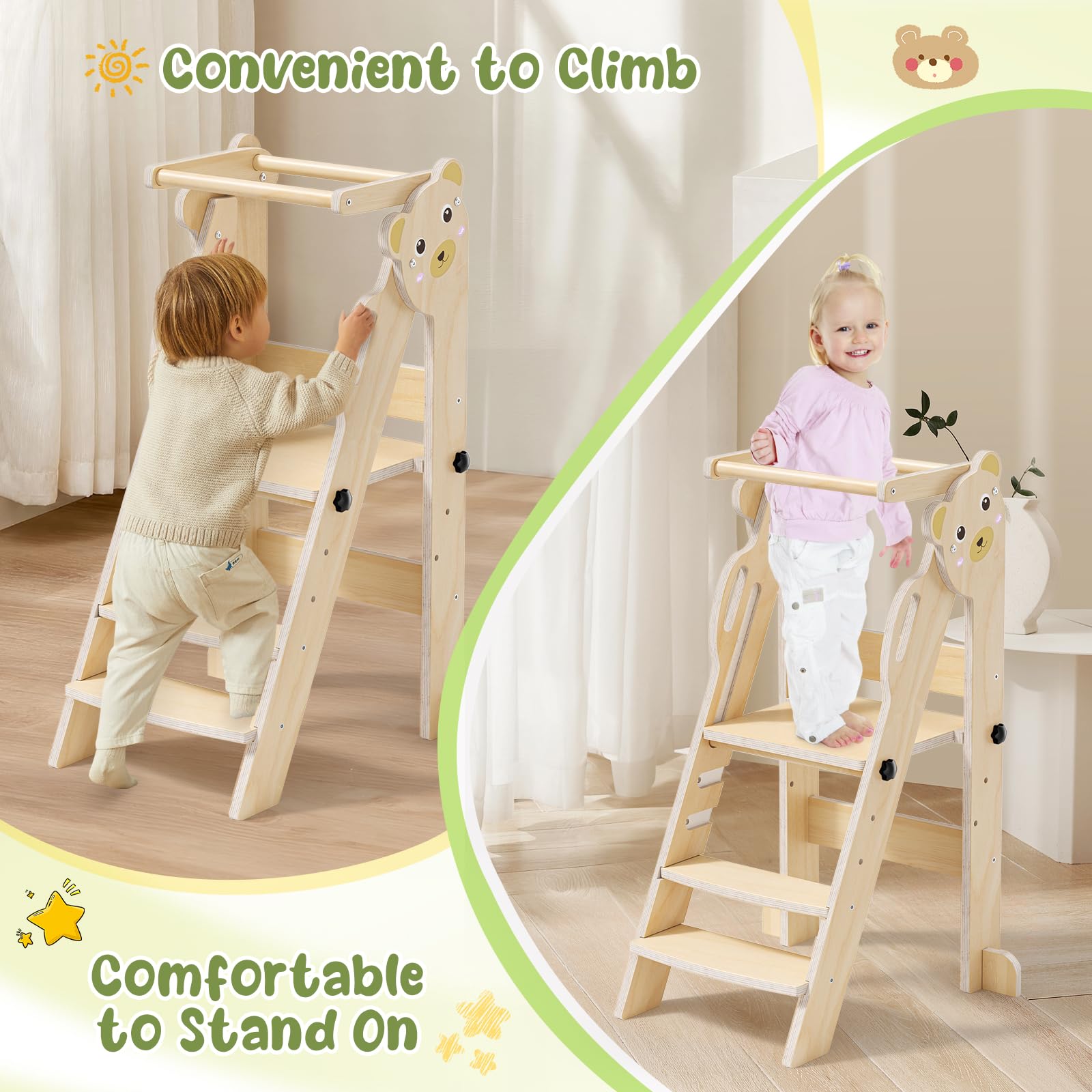 Tour d'observation Montessori Pliable, modèle actualisé Tour Montessori Pliable de 1 to 3 Years Old Observation Tower for Children Montessori Learning Natural Wood Kitchen Helper Safety
