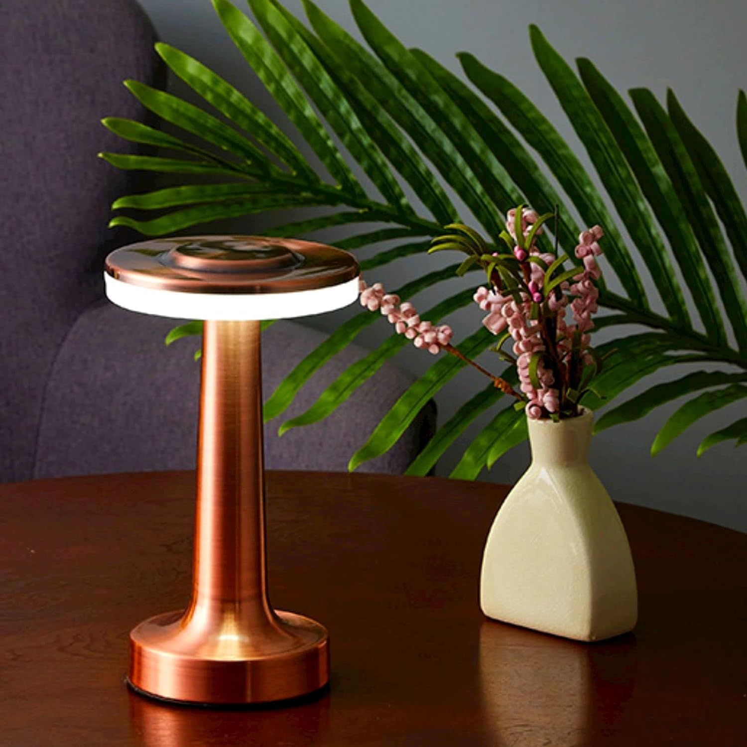 NYRWANA Table Lamp | 2000mAh Battery | Home Decor, Lamp, Lamps for Bedroom and Living Room, Stepless Dimming, 3 Colour Touch Control, USB-C Charging, Rakhi Gift for Brother & Sister (Metal-Rose Gold)