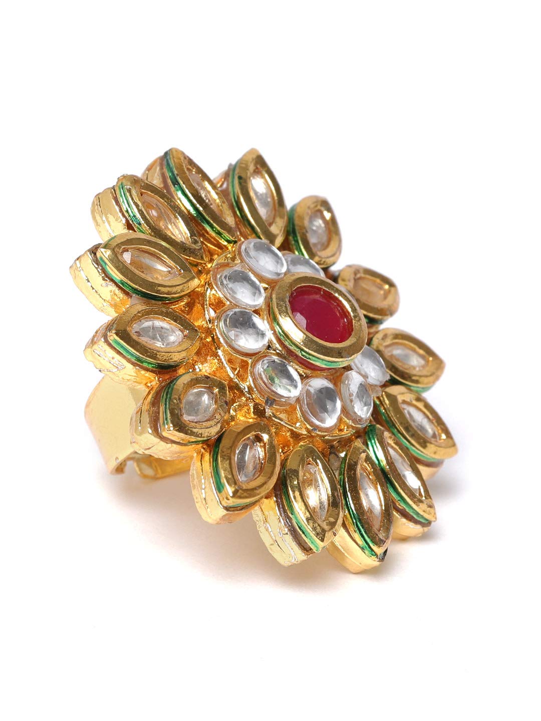 Wedding Collection Gold Tone Base Metal Kundan Flower Finger Ring For Women-Zpfk9625
