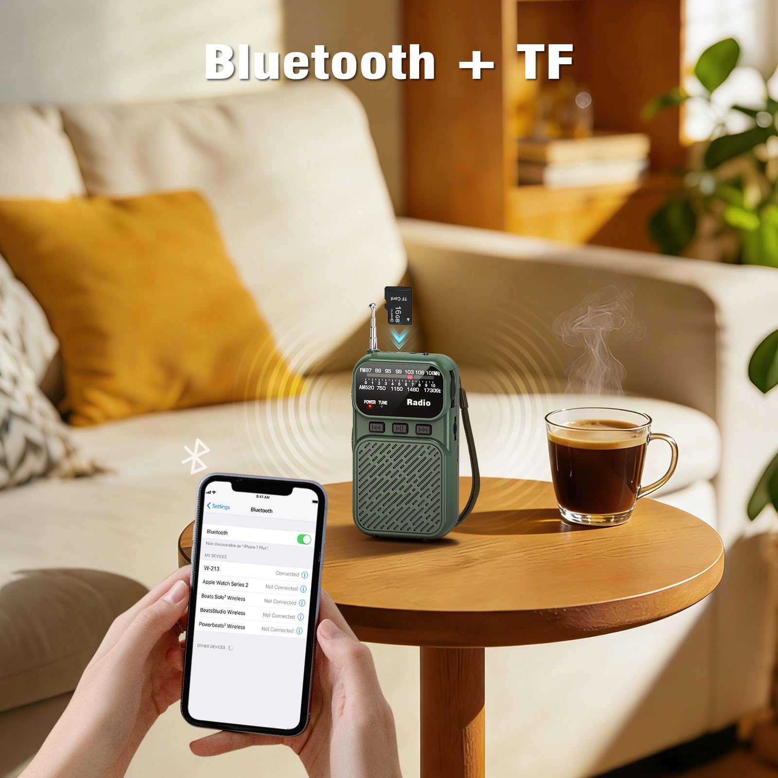 Tendak Mini Radio à Piles AM/FM/FM Bluetooth Portable 1200 mAh USB-C Vert