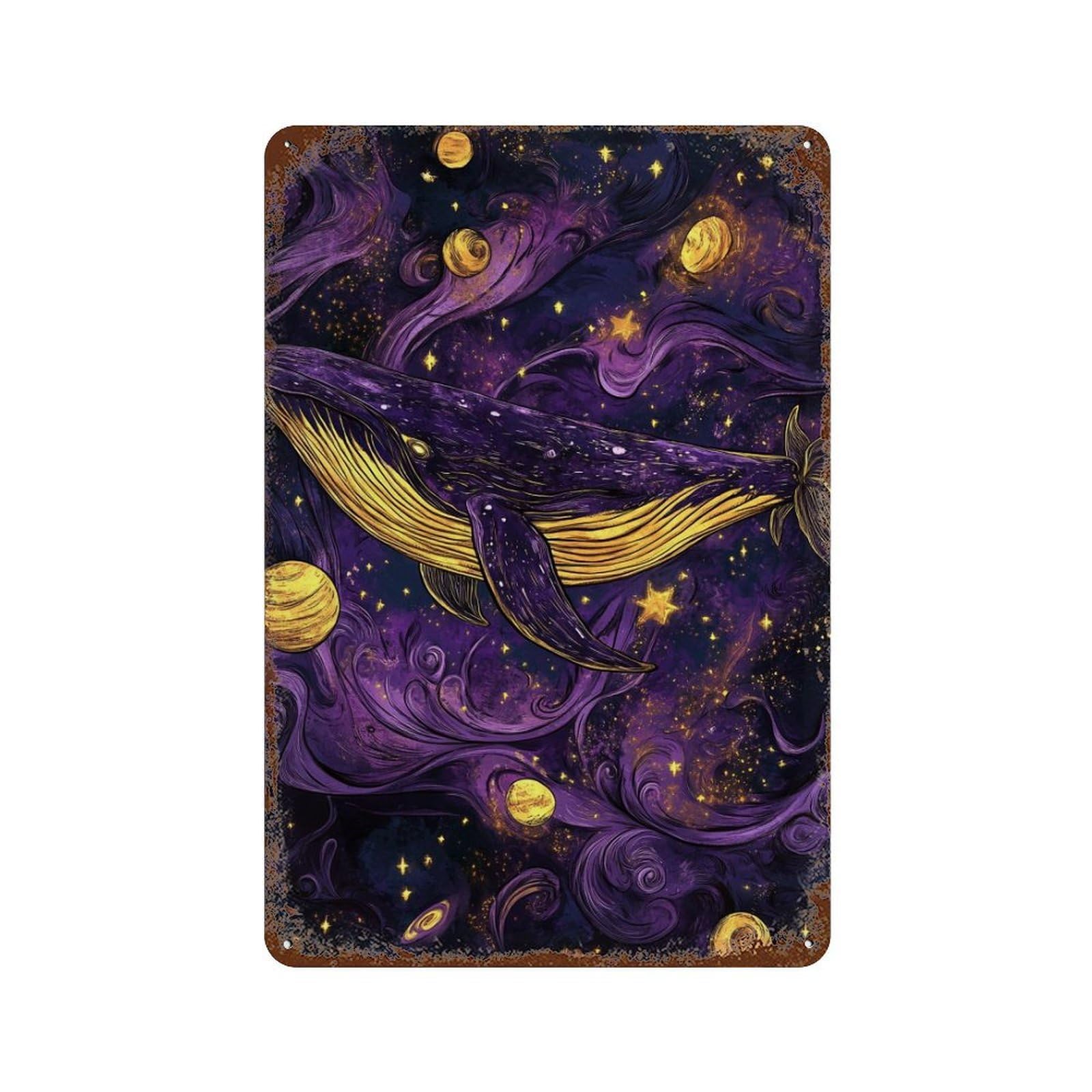 Whale in Space Art Print-2 Rustic Tin Plaque 11.8"x7.9", Rustic Home Decor for Office, Studio And Wall Decor