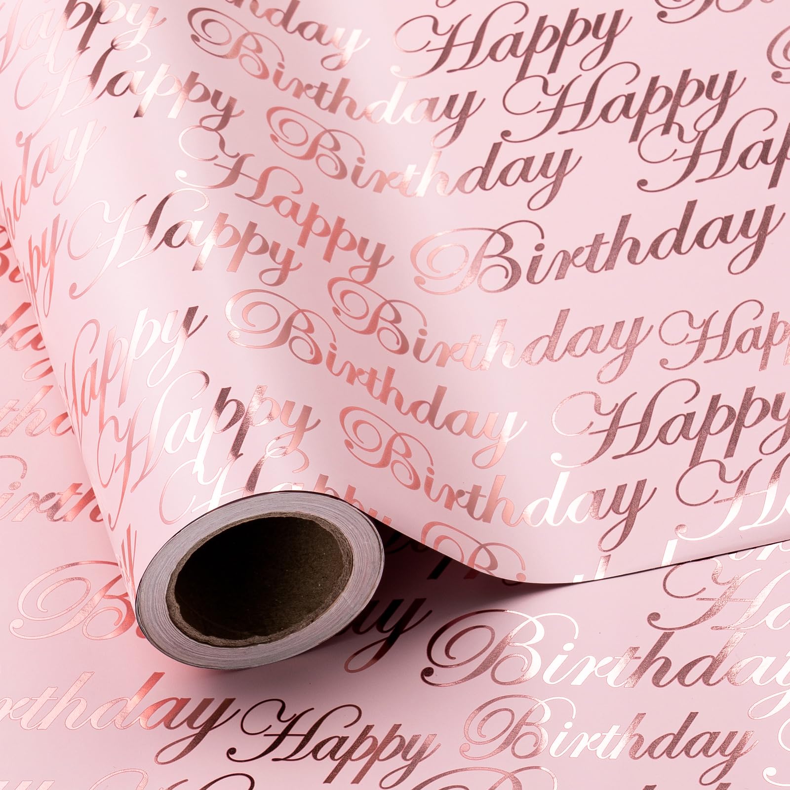 RUSPEPA Reversible Birthday Wrapping Paper - 43.2cm x 10m - Rose Gold Foil 'Happy Birthday' Lettering & Pink Stripes โ image 1
