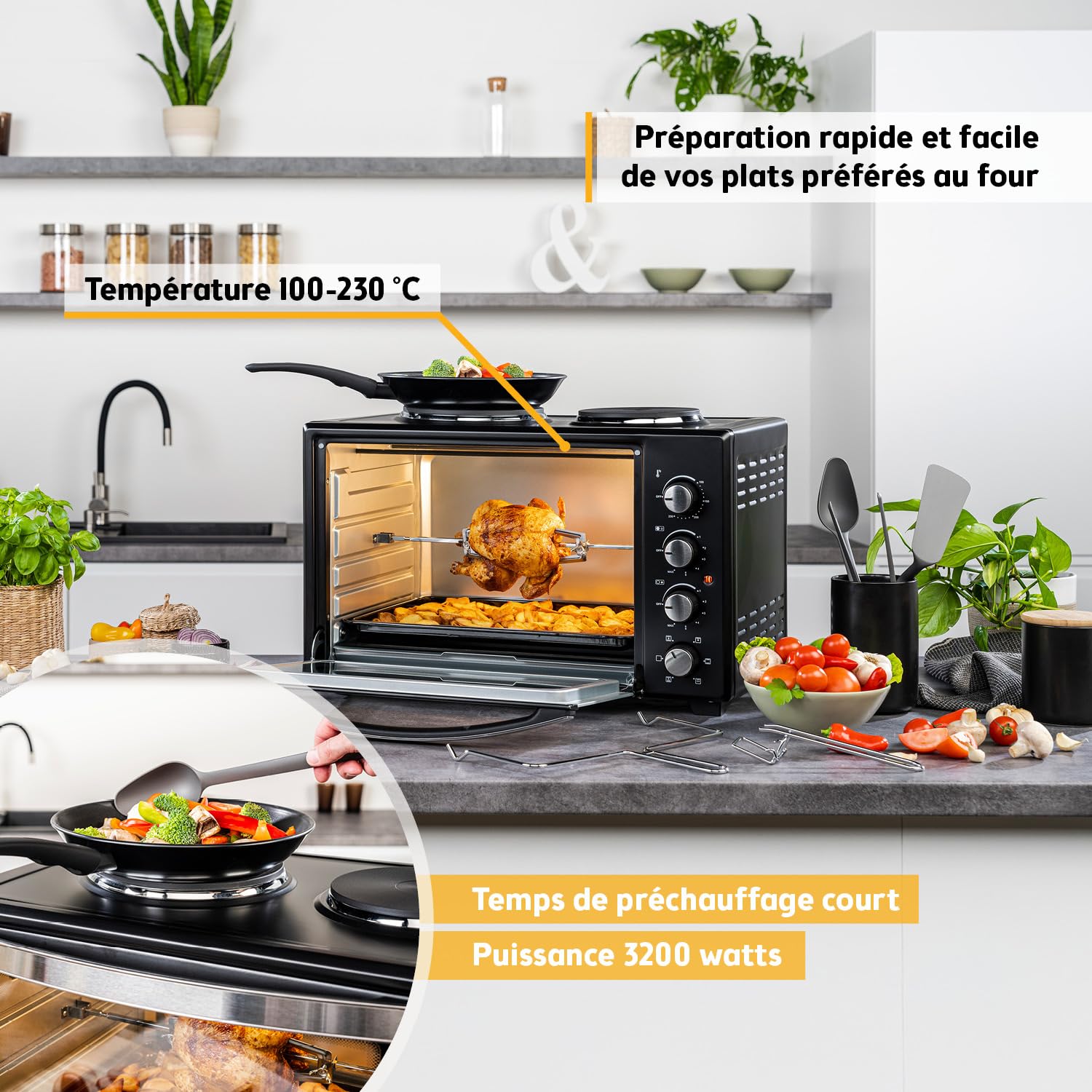 TZS First Austria - Mini-Four avec plaques de cuisson 30L 3200 W - Four à pizza jusqu'à 230°C et 6 modes de chauffage - Four multifonction avec 4 hauteurs d'insertion et accessoires de haute qualité