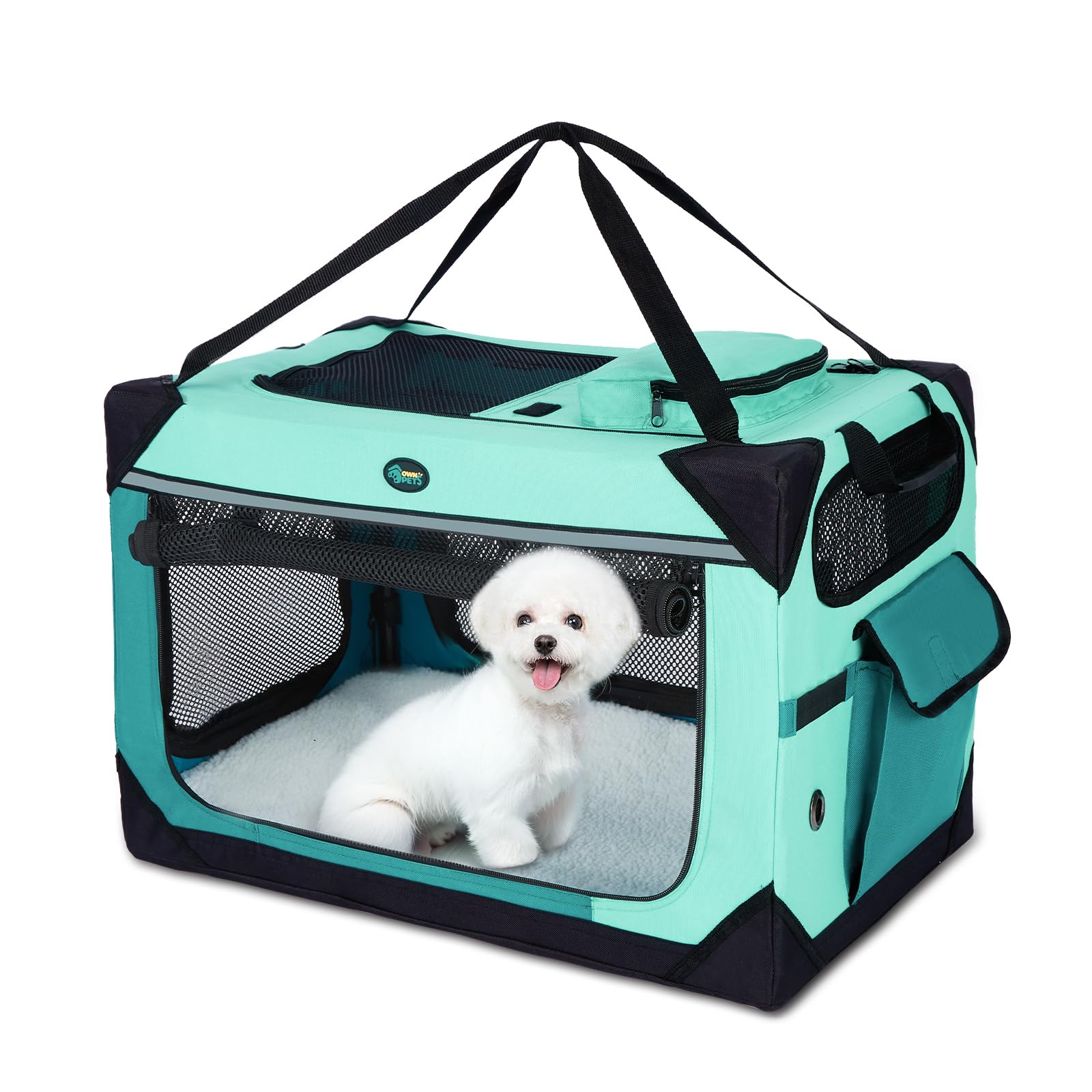 Ownpets 4 Door Collapsible Dog Travel Crate with Mat, Portable Pet Carrier with Lightweight Steel Frame for Small Dogs & Cats, 61x40x40cm, Soft Dog Kennel with Detachable Cover for Camping
