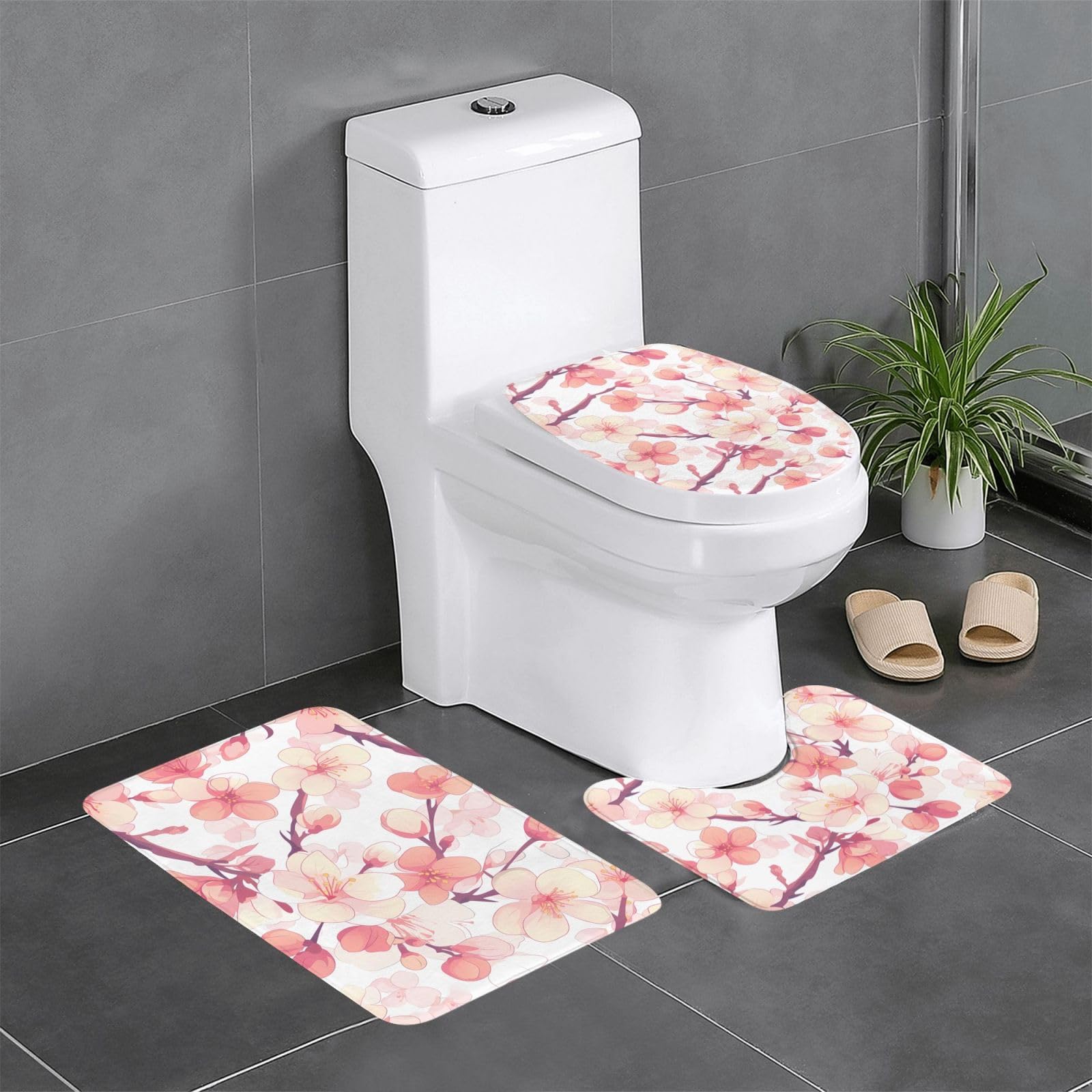 Tapis de sol antidérapants lot de 3 en flanelle douce motif fleurs de cerisier rose pour salon