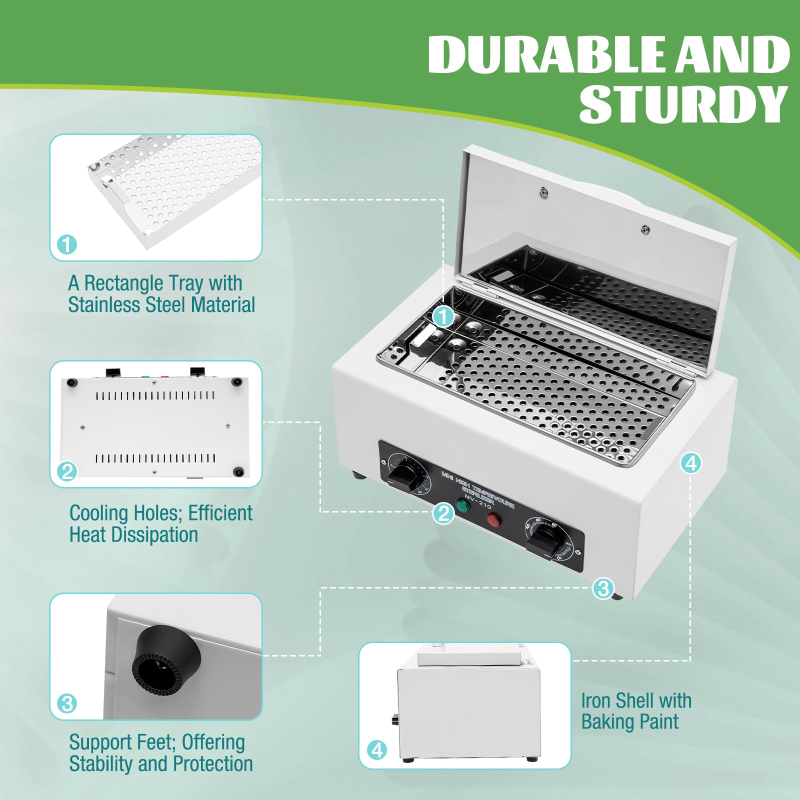 Sterylizator gorącym powietrzem 300W, dezynfekcja 220°C, urządzenie sterylizujące wysokotemperaturowe, szafka dezynfekcyjna do narzędzi do paznokci, salon piękności, timer 1-60 minut (biały, bez