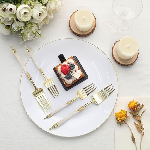 Miniatura 9 de Efavormart - Juego de 24 tenedores de plástico estilo europeo con purpurina dorada de 6 pulgadas con mango de columna romana, utensilios desechables
