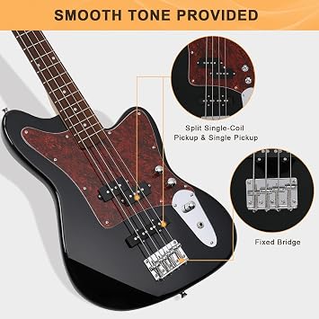 GLARRY 4 String Electric Bass Guitar Beginner Kit w/20w Amp, Red Pearl Guard Full Size Bass with Digital Tuner,Amp Cable, Strap, Bag and Accessories(Black)