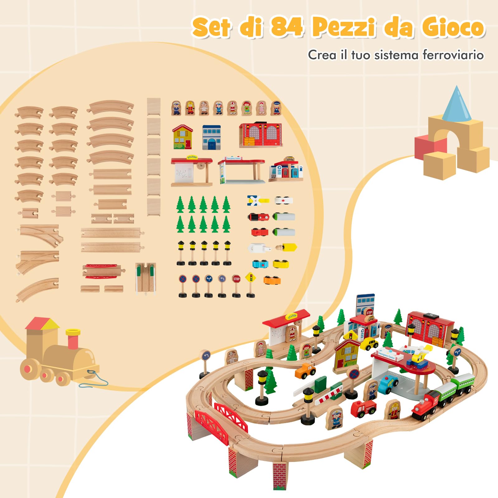 GYMAX Tavolo e Set Ferrovia in Legno, Set Gioco Colorato da 80/84 Pezzi con Piano Reversibile, Cassetto, Binari, Treni, Figure, Macchinine, Tavolo Giocattolo Educativo per Bambini 3 Anni+ (Stile 1)