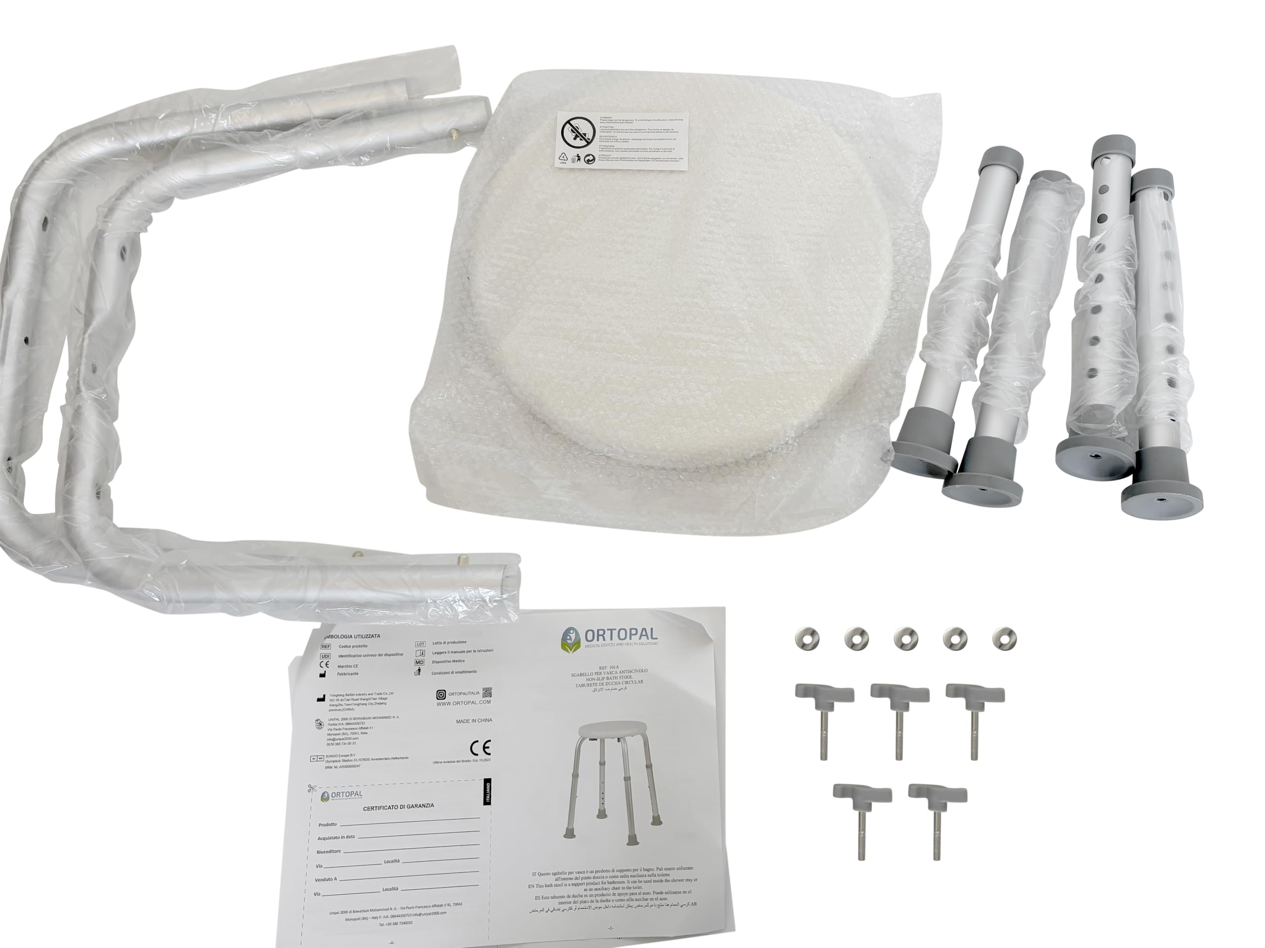 Sgabello Doccia Anziani; Altezza Regolabile, Piedini Antiscivolo, Sgabello da Bagno per Anziani e Disabili, Facile da Montare - Peso Massimo 120 kg - Diametro Seduta 32cm