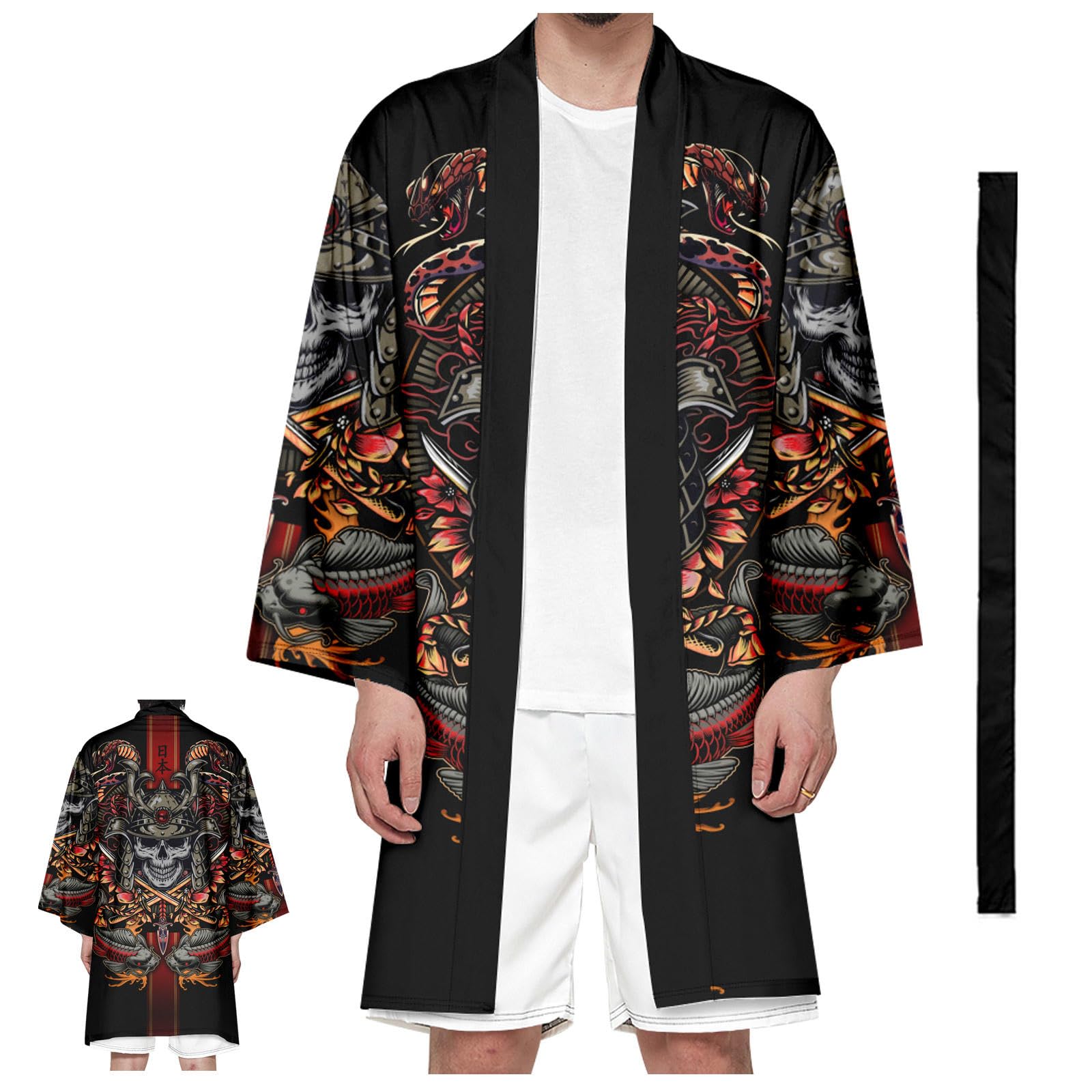 CHUIKUAJ Men's Kimono Robe Plus Size Bathrobe Dressing Gown Loose Print Open Front Long Cardigan with Belt,Black-8XL
