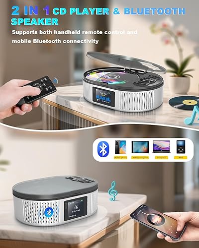 Miniatura 2 de Reproductor de CD portátil con altavoces estéreo duales, 4000 mAh recargable de escritorio Bluetooth 5.3 Boombox para el hogar y el automóvil, radio