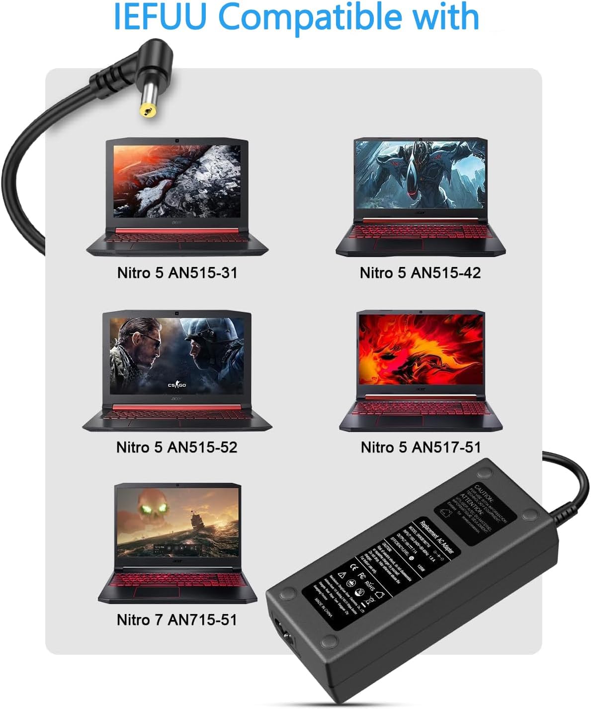 IEFUU 135W Charger Replacement for Acer Nitro 5 7 Gaming Laptop Charger N18C3 N18C4 AN515 AN515-51 AN515-54 AN515-53 AN517-51 AN515-41 AN515-55 AN515-52 515-45 515-56 Aspire 7 Power Adapter Cord