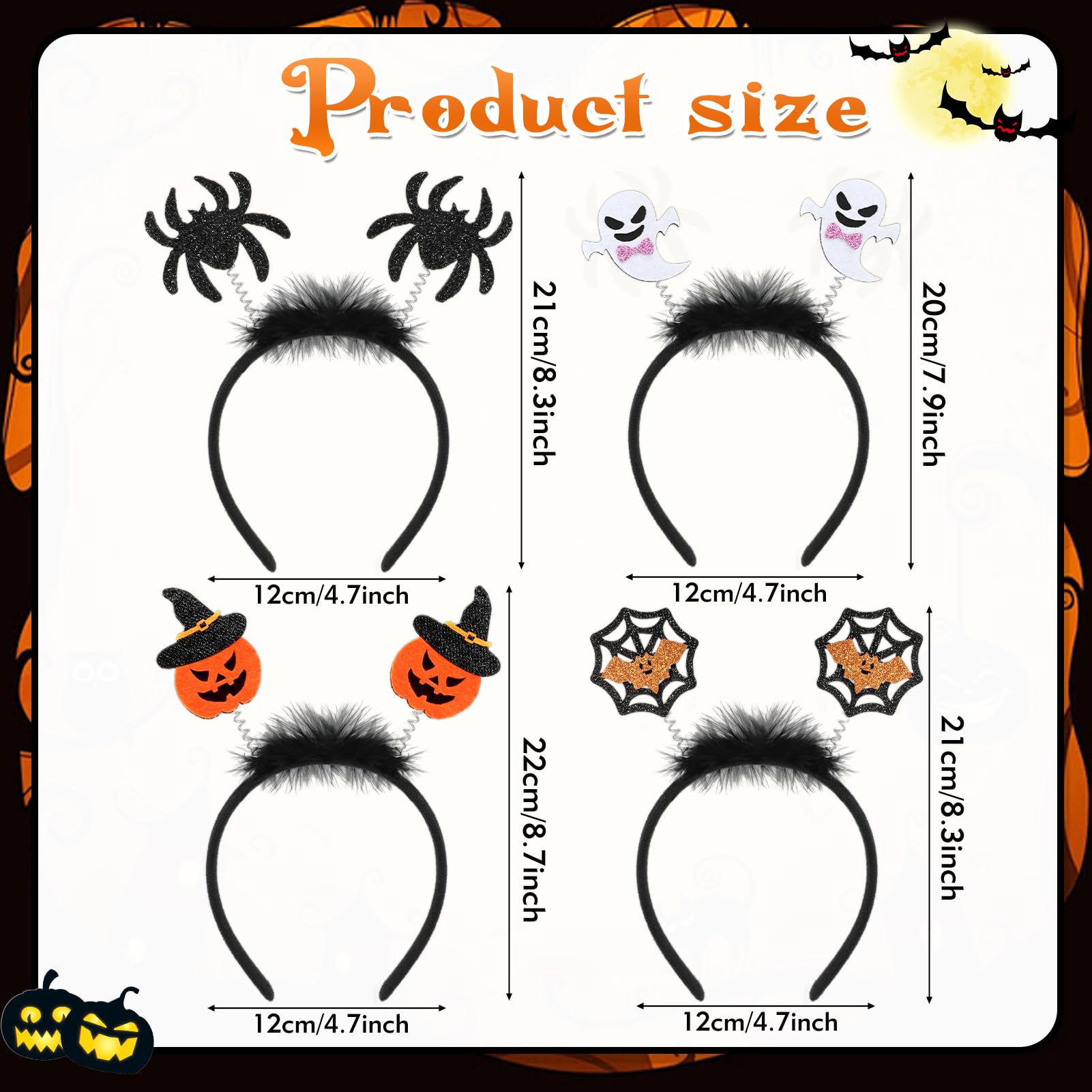 HOWAF 4PCS Halloween Headbands for Women Kids Adult Pumpkin Headband Bat Headband Spider Ghost Hairband Head Boppers & 4 halloween Face Tattoos Stickers for halloween Costume Accessories Fancy Dress - Image 2