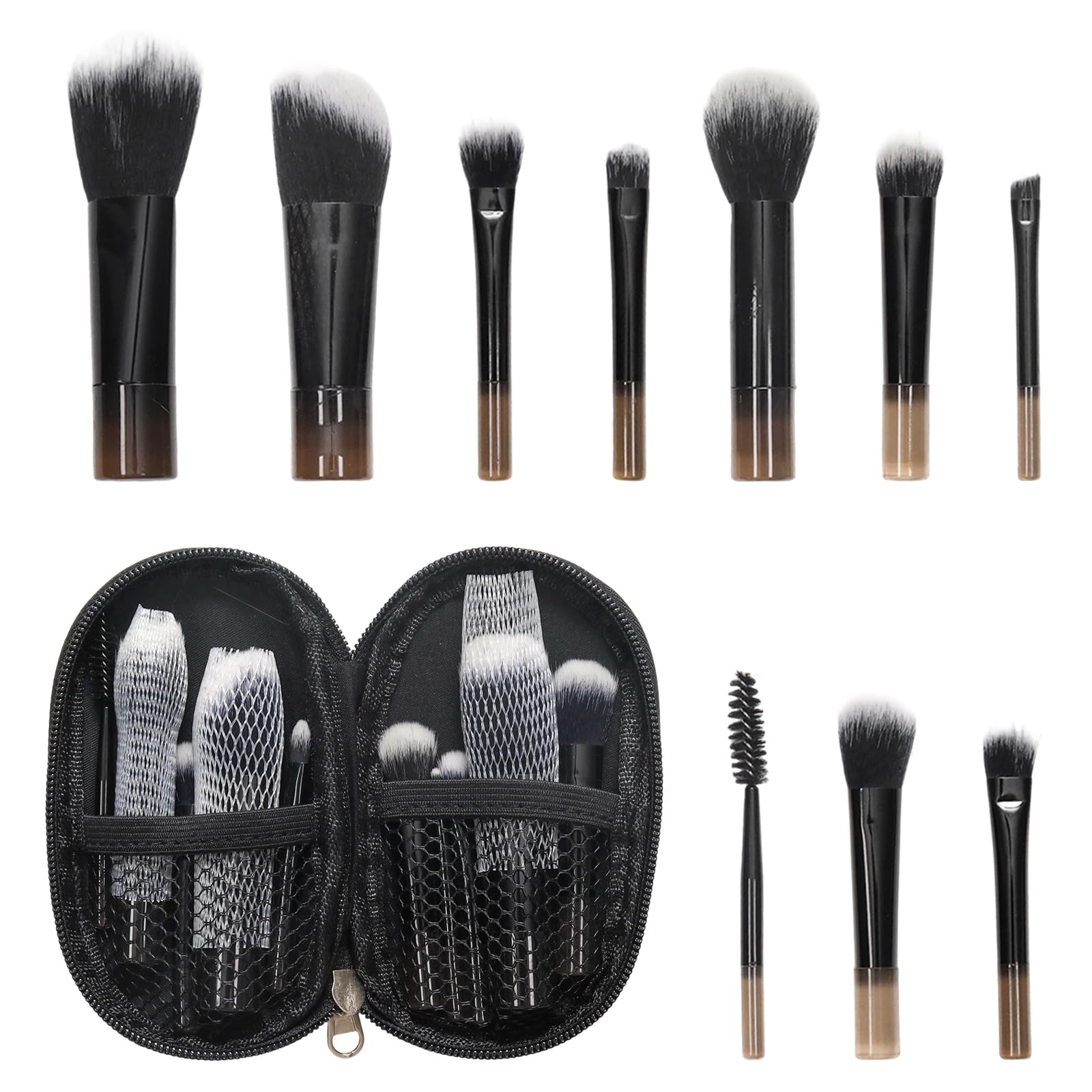 Yinluluna 10 Pcs Mini Travel Makeup Brush Set with Pouch, Portable Full Complete Function Cosmetic Kit for Women Girls, Small Short Handled Makeup Compact Brush for Travel & Daily Cosmetic Use(Black)