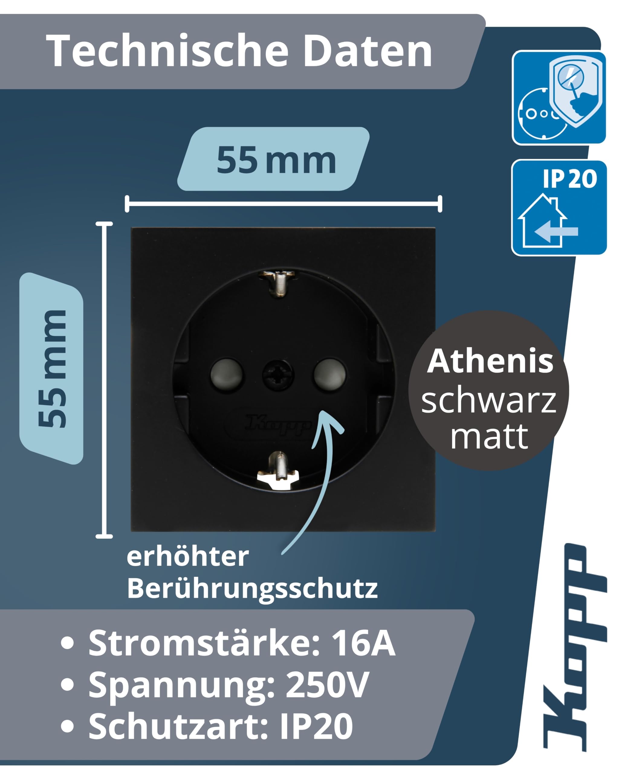 Kopp ATHENIS Schutzkontaktsteckdose in Matt-Schwarz - 6 Stück - 1-fach Einbausteckdose mit erhöhtem Berührungsschutz - IP20 Unterputz-Steckdose mit Schutzkontakt - Steckdosen-Unterputz 16A / 250V~