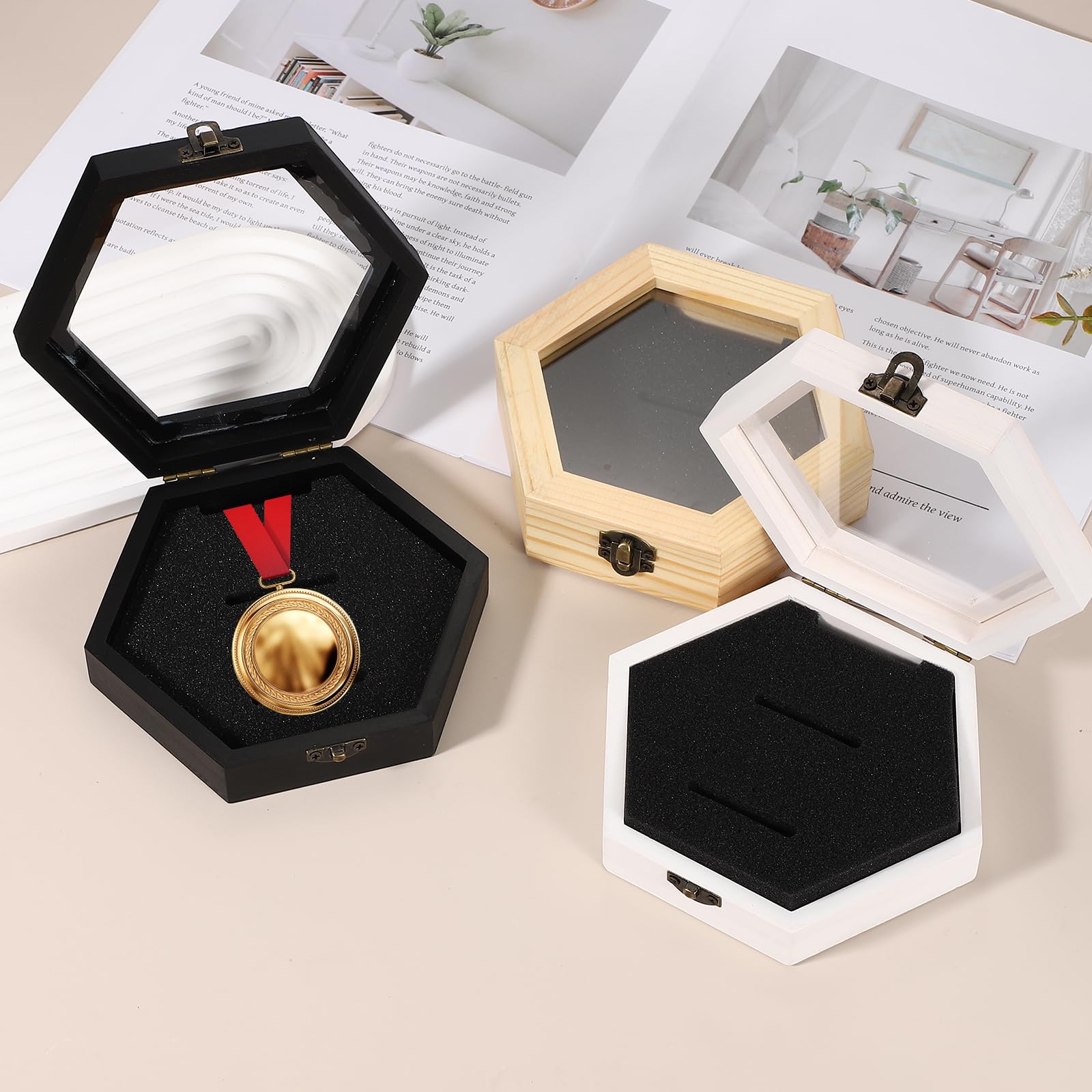 PATIKIL 6 Piezas De Estuche para Mostrar Medallas, Marco De Exhibición De Medallas De Madera Hexagonal Colgador De Pared para Insignias Caja Sombra para Maratón Distintivo, Negro