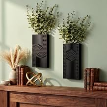2 Pack Bohemian Wood Wall Planter Vase with Artificial Eucalyptus Farmhouse Boho Hanging Wall Decor for Modern Home Living Room Entryway Hallway Dining Room Bathroom Bedroom Black