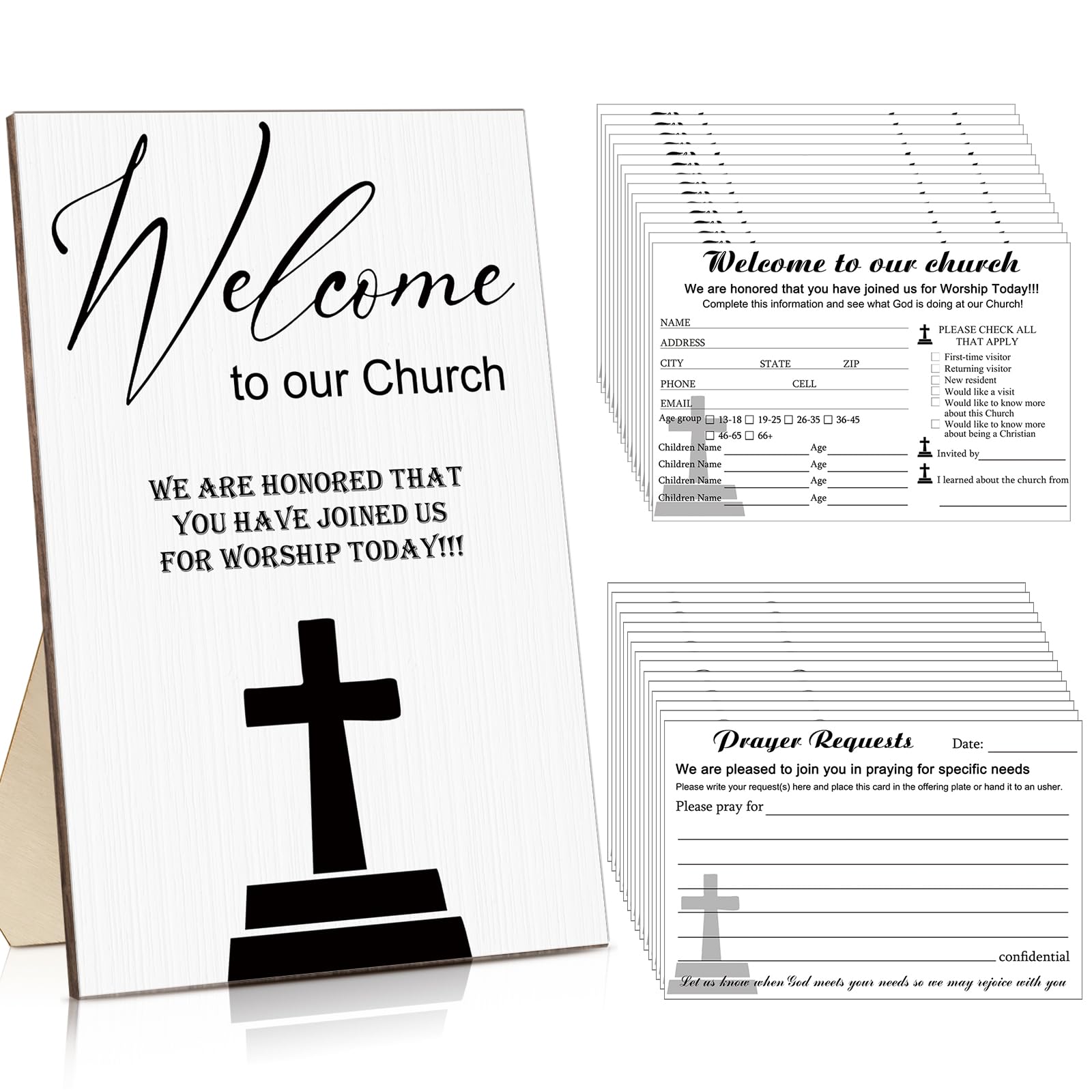 Kosiz 101 Pcs Visitor Cards for Church 1 Welcome to Our Church Wooden Sign 100 Visitor Cards, Prayer Request Welcome placard for Greeting Praying(