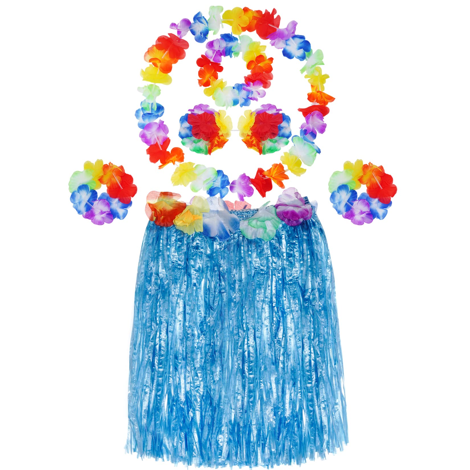 baotongle Pack of 5 Hawaii Grass Skirts Costume Set Hula Skirt with Necklace Bracelets Headband Flower for Beach Party Decoration Party (Blue)