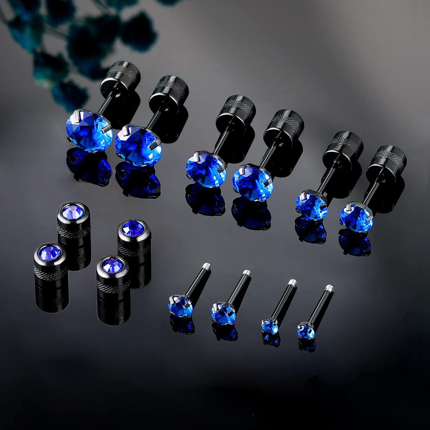5 pares de aretes de acero inoxidable 316L con parte trasera plana, aretes de circonita cúbica de titanio para mujeres y hombres, Mediana, Titanio, Circonia cúbica 5