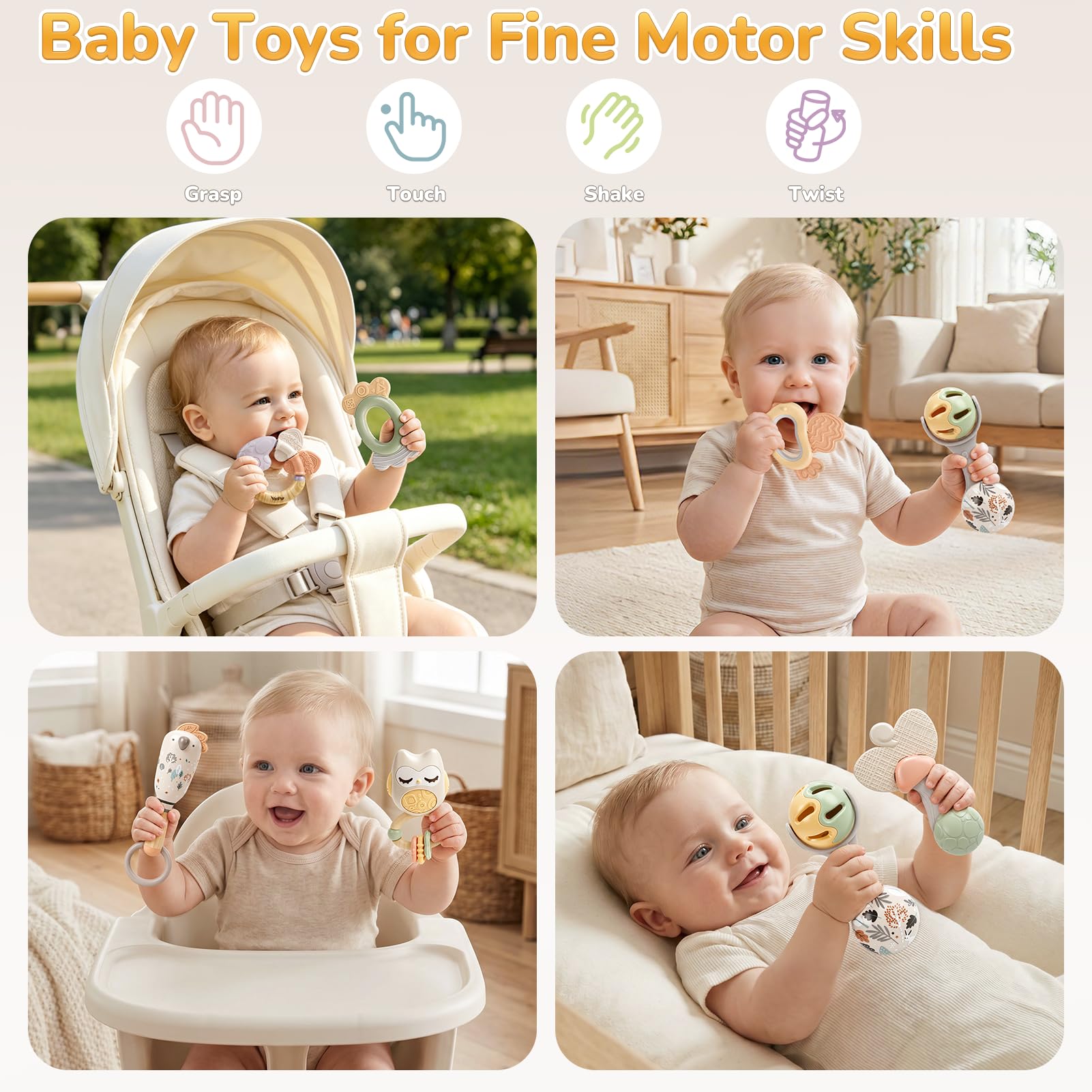 Sonajero Bebe 0-3 Meses, Mordedor Montessori Juguete Bebe 0-3 6 9 Meses Regalo Recien Nacido Niño