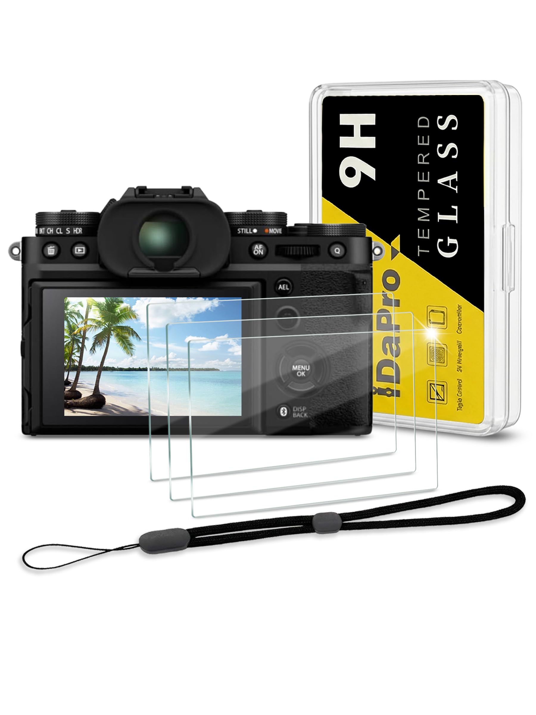 iDaPro Screen Protector for Fujifilm X-T5 Fuji XT5 + Hand Lanyard [3+1Pcs],Tempered Glass,9H Hardness,Anti-Scratch Bubble-Free,Easy Installation