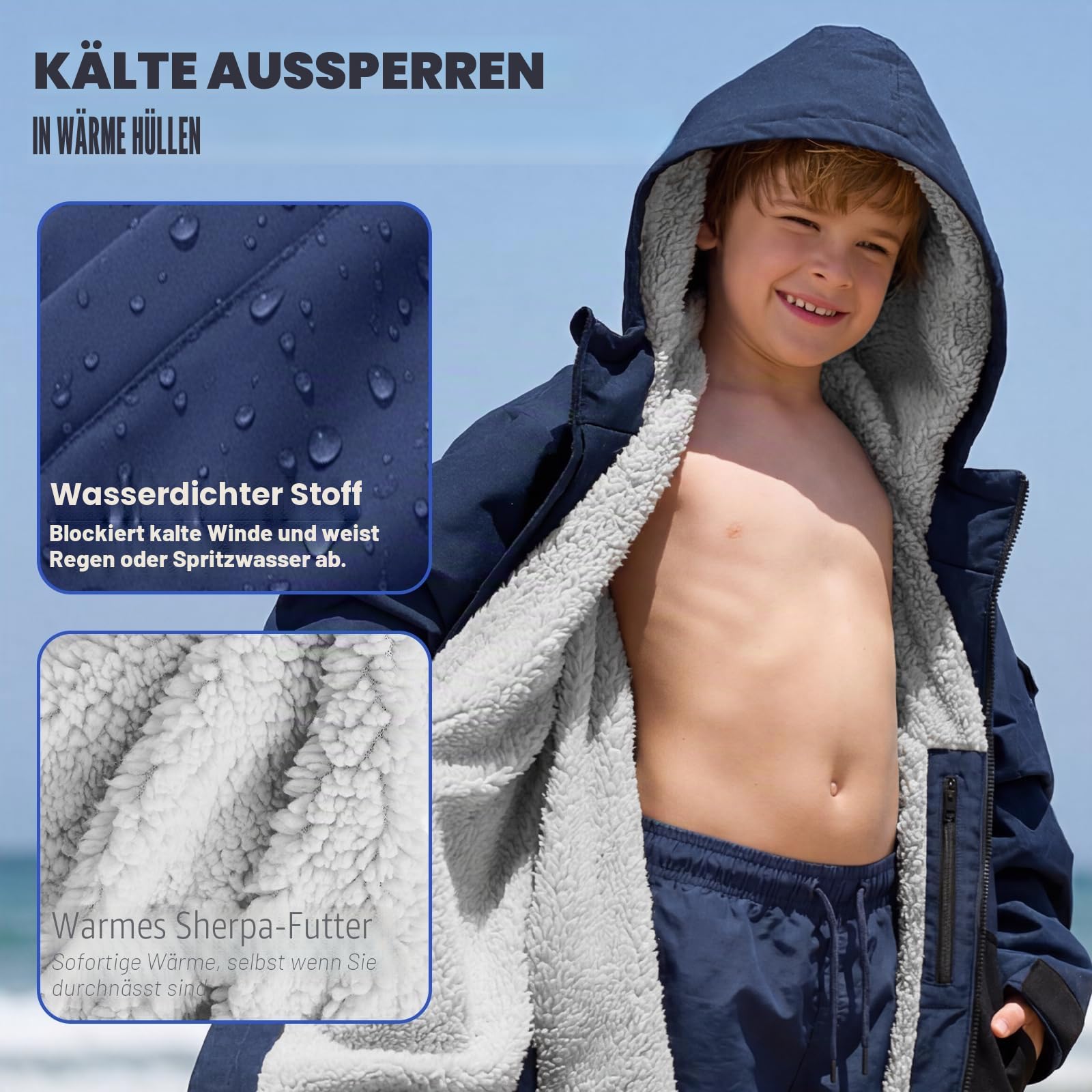 Owntop Wasserdichter Wickelmantel für Erwachsene Kinder - Winddichte Kapuzenmantel mit Sherpa-Fleece-Futter | Individueller Klettpatch | Übergroßer Wärmemantel für Schwimmen Surfen Strand