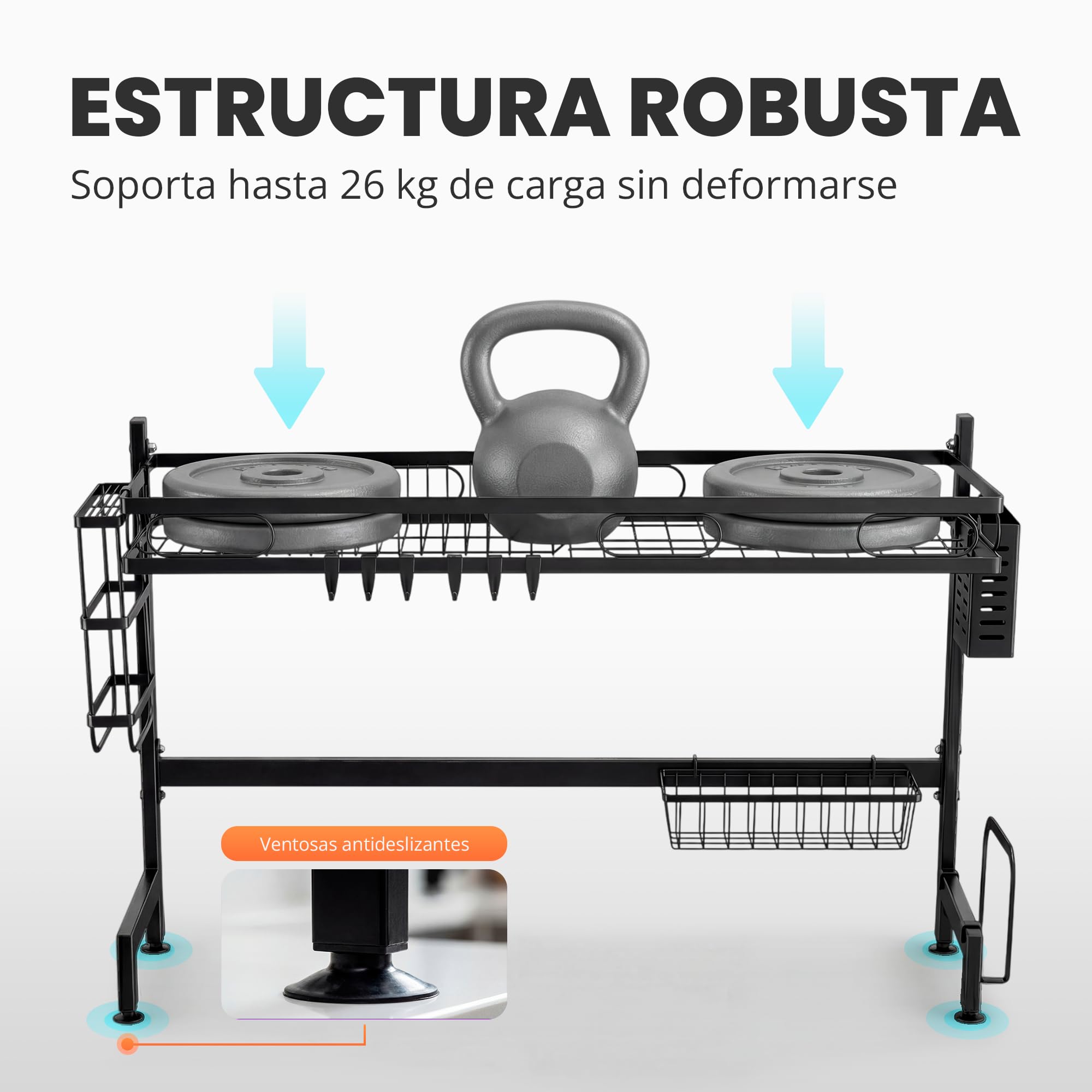 JUPPLIES Escurreplatos sobre Fregadero 2 Niveles 85x30x52,5cm – Escurridor de Platos de Acero Inoxidable con Soporte para Cubiertos, Tabla de Cortar y Ganchos – Escurre Platos Antideslizante Negro
