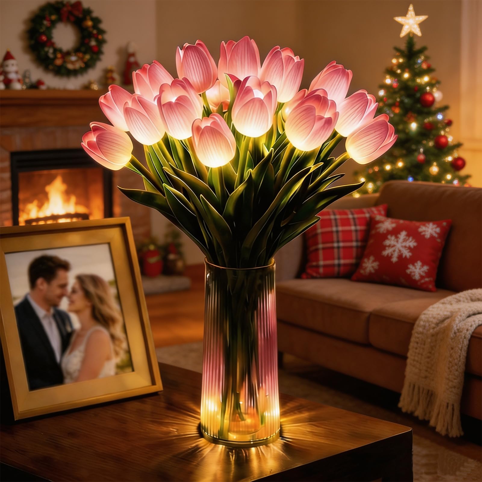 2027 Upgrade Radiant Romantic Tulip Light, 10/15PCS Tulip Lamp Artificial Magical Meadow Flowers with Vase, for Christmas & Halloween,Home Decor and Wedding Anniversary (Pink,10*Flowers With Vase)