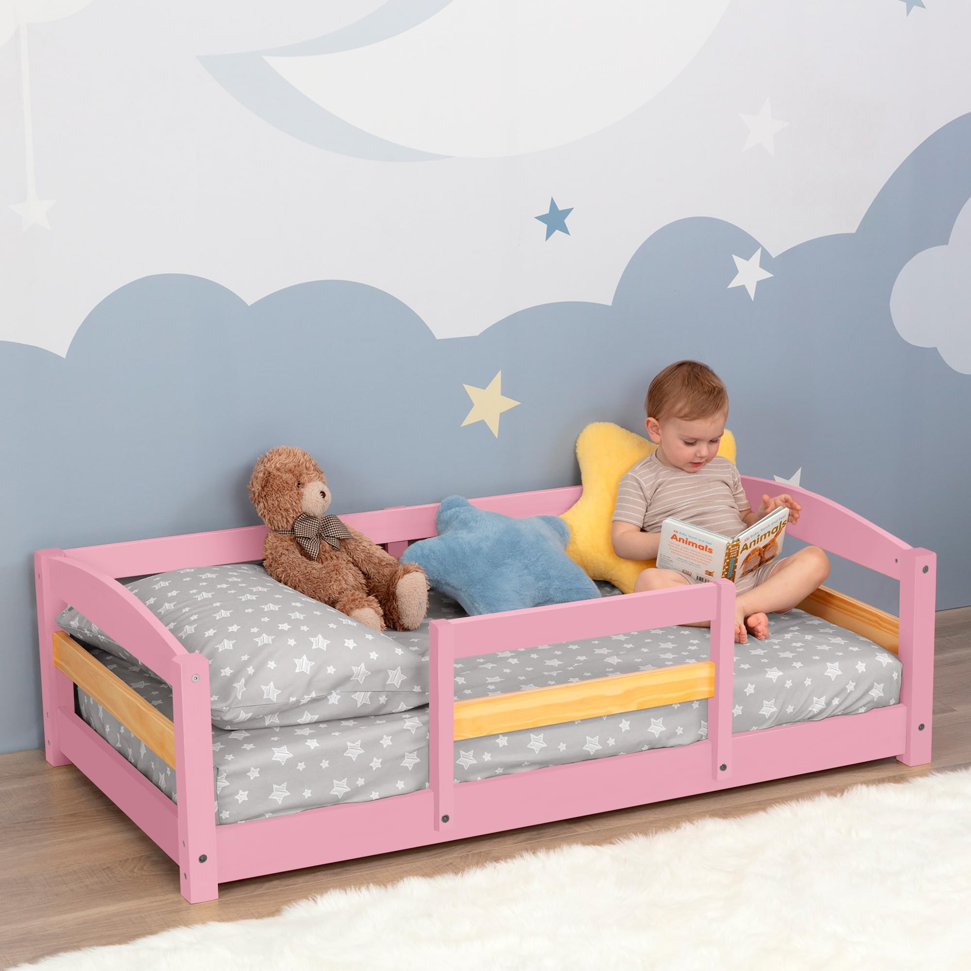 Ocodile Toddler Bed with Rails | Low Montessori Floor Bed Frame for Kids | Standard Crib Size Wooden Frame for Independent Toddlers 1-3 - Varnished