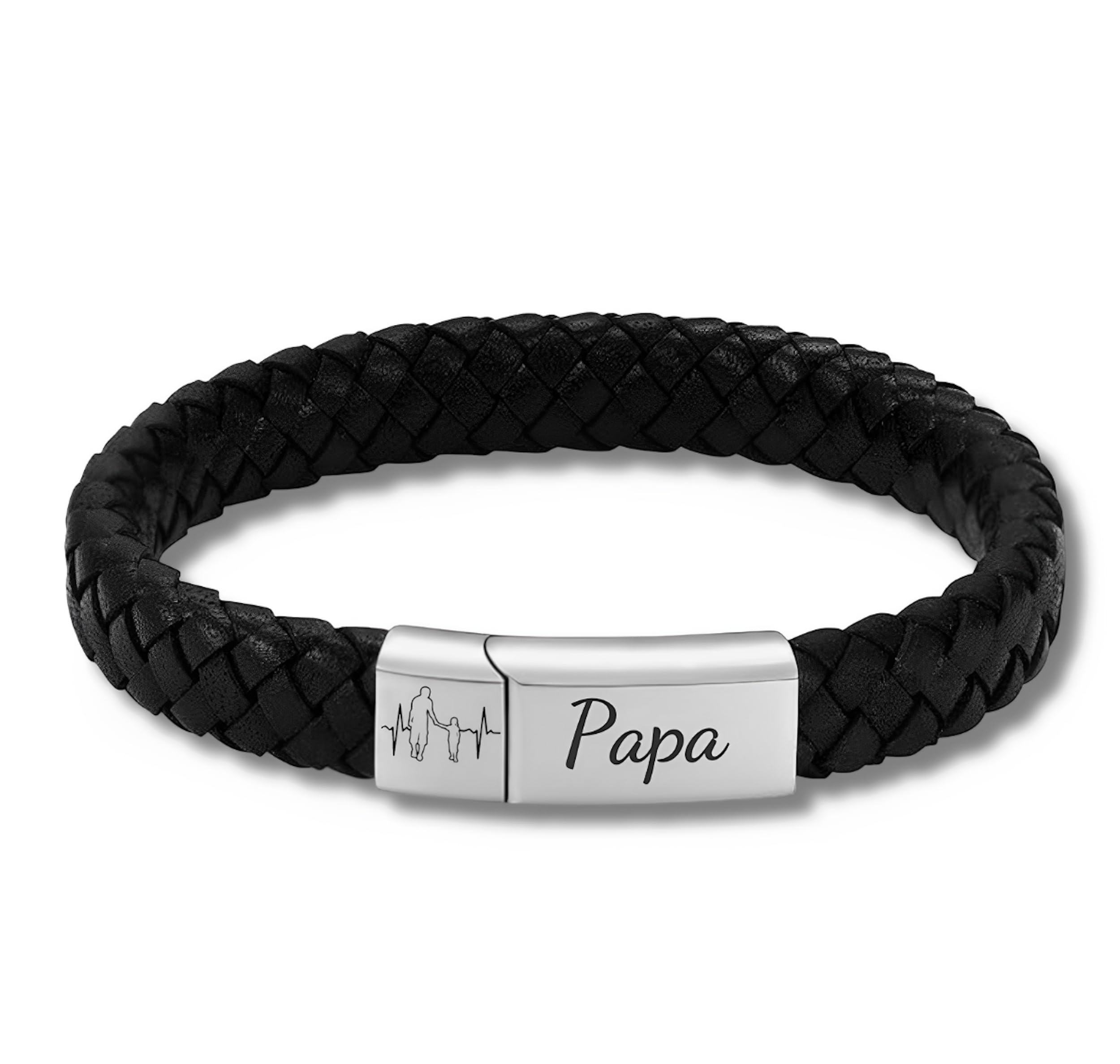 Ezonik Pulsera Hombre,Regalos para Padres. Personalizada Papa,Hombres. Regalo Originales Aniversario Pareja. Cierre en Plateado grabado Padre.Cuero Negro, 60mm Diametro.