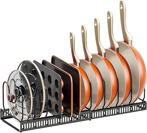 Miniatura 1 de Organizador de ollas y sartenes para debajo del gabinete, soporte organizador de tapa de olla expandible con 10 divisores ajustables y tiras