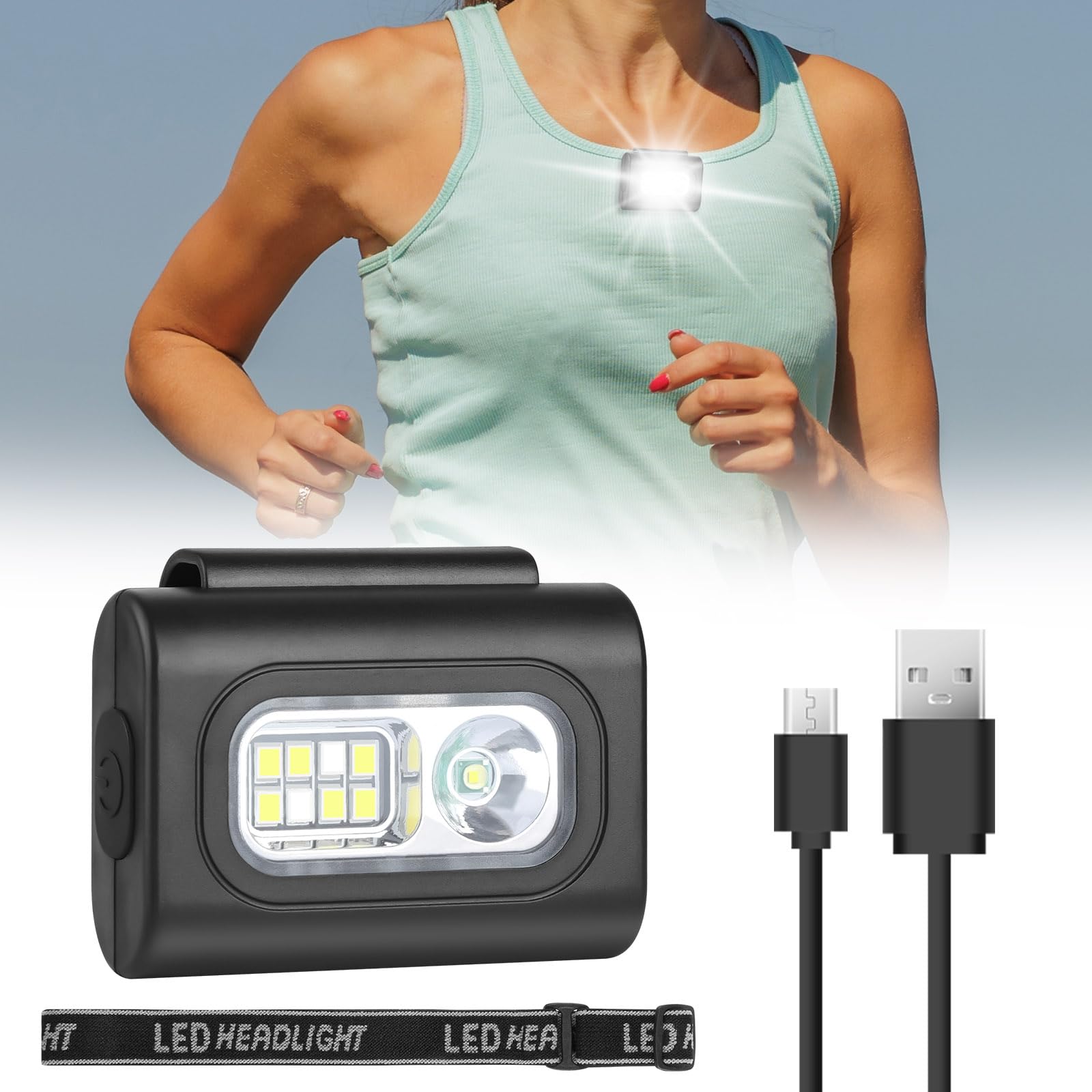 Luz para Correr,Linterna Frontal Portátil, LED con Clip Magnético Ajustable Luz, 6 Modos de Iluminación Impermeable Linterna, USB Recargable, Adecuado para Correr de Noche,Acampar.