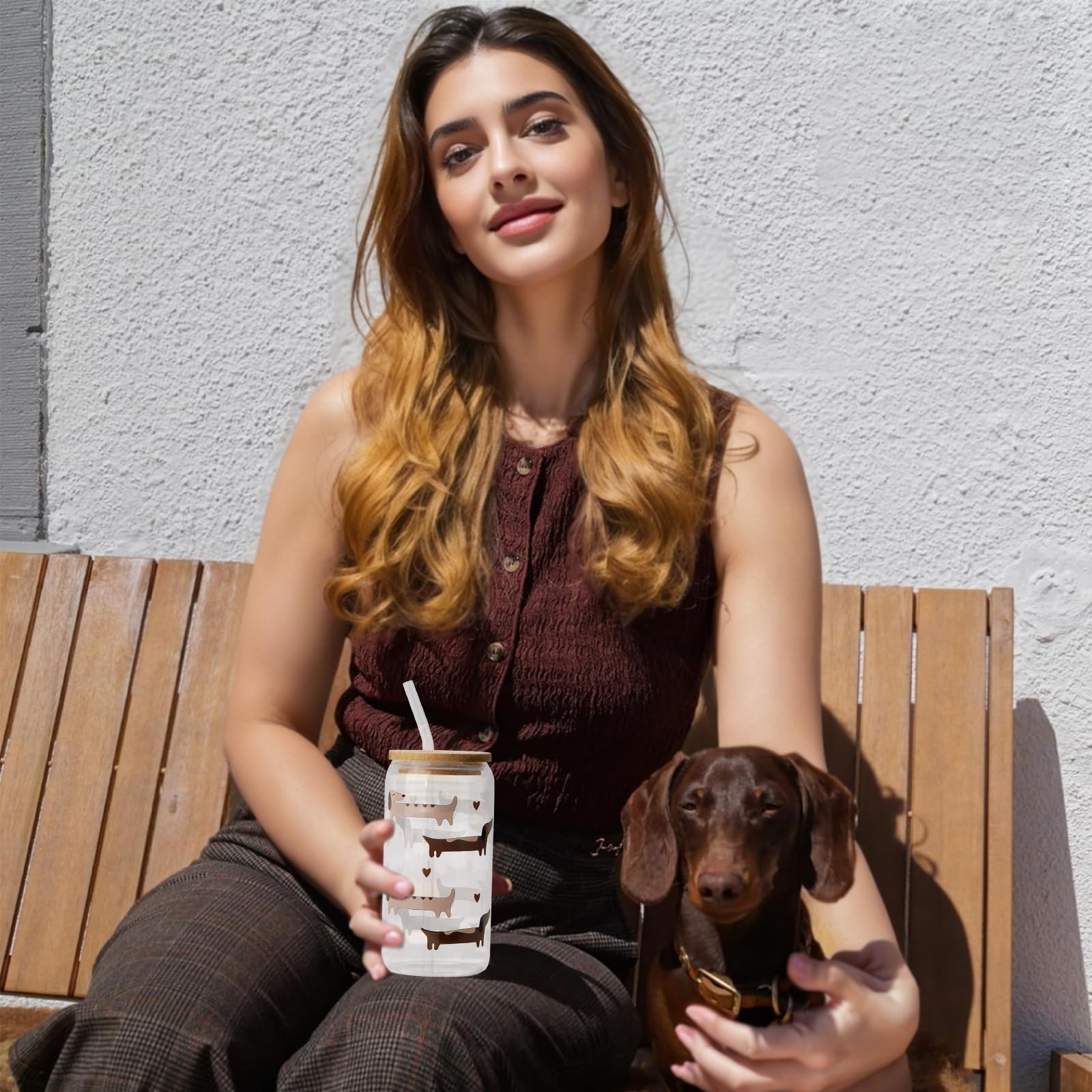 FloralGrace Dackel Glas Mit Deckel & Strohhalm - Niedliches Halloween Trinkglas 500ml