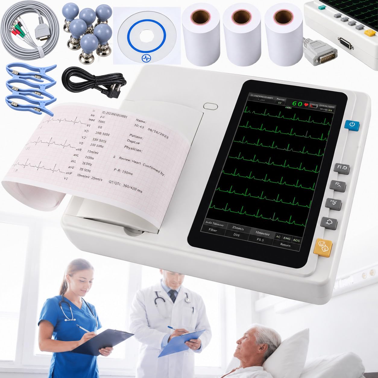 Máquina ECG Portátil 3 Canales 12 Derivaciones Electrocardiógrafo