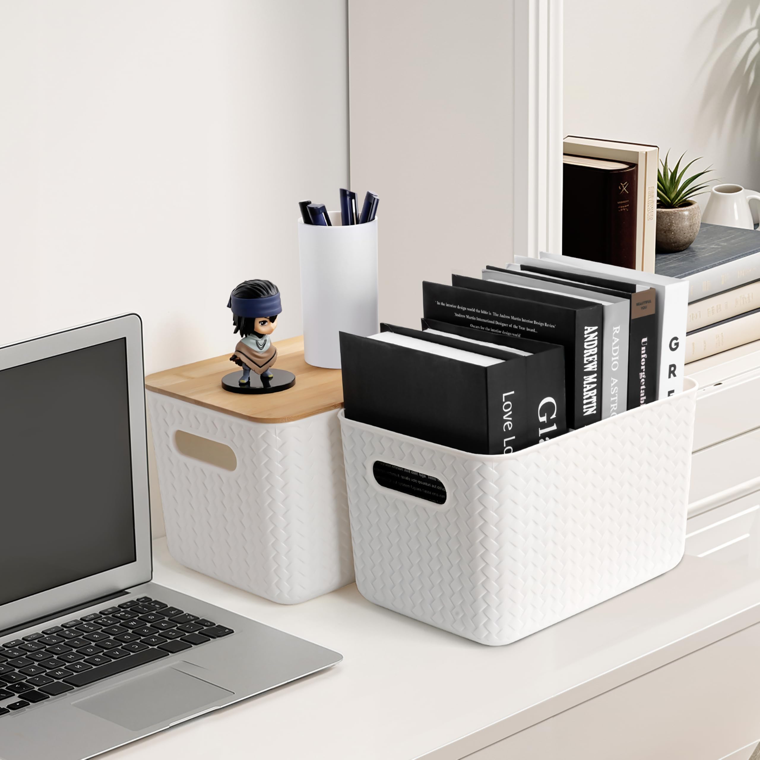 Winter Shore Scatole Grandi con Coperchio in Bambù (4 Pezzi) | Porta Oggetti, Cesta Portaoggetti, Scatola Decorativa per la Scrivania e l'Ufficio, Contenitori Impilabili per Uso Quotidiano