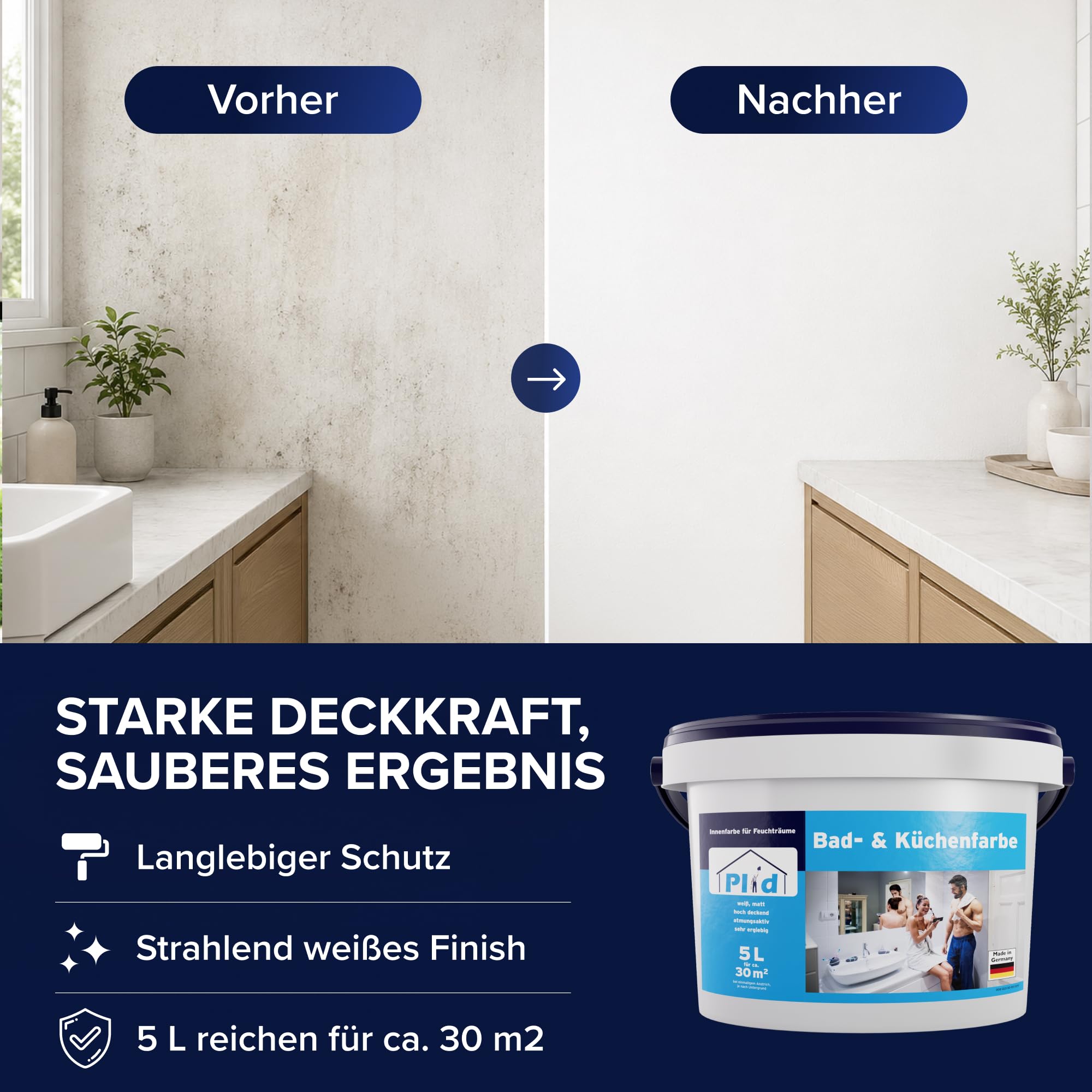Plid® Pintura blanca para baño y cocina para todas las paredes [fuerte protección contra el moho] – Color interior blanco para todas las paredes – Pintura antimoho para habitaciones húmedas y baños