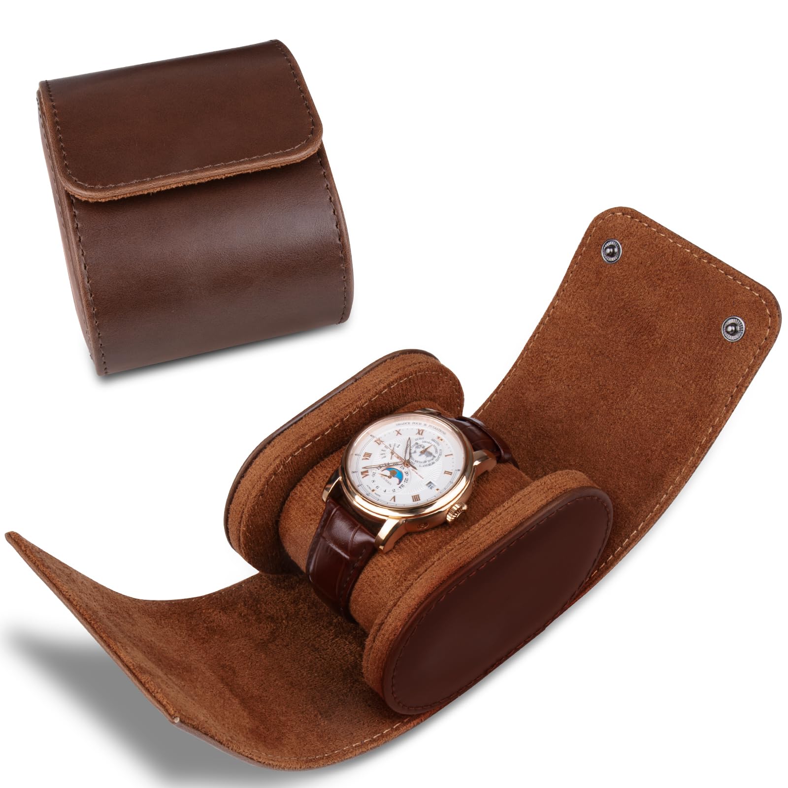 1 Slots Zylindrische Uhrenbox, Uhrenrolle Reisetasche Vintage Uhrengehäuse für Männer Frauen - Braun Upgrade-Version