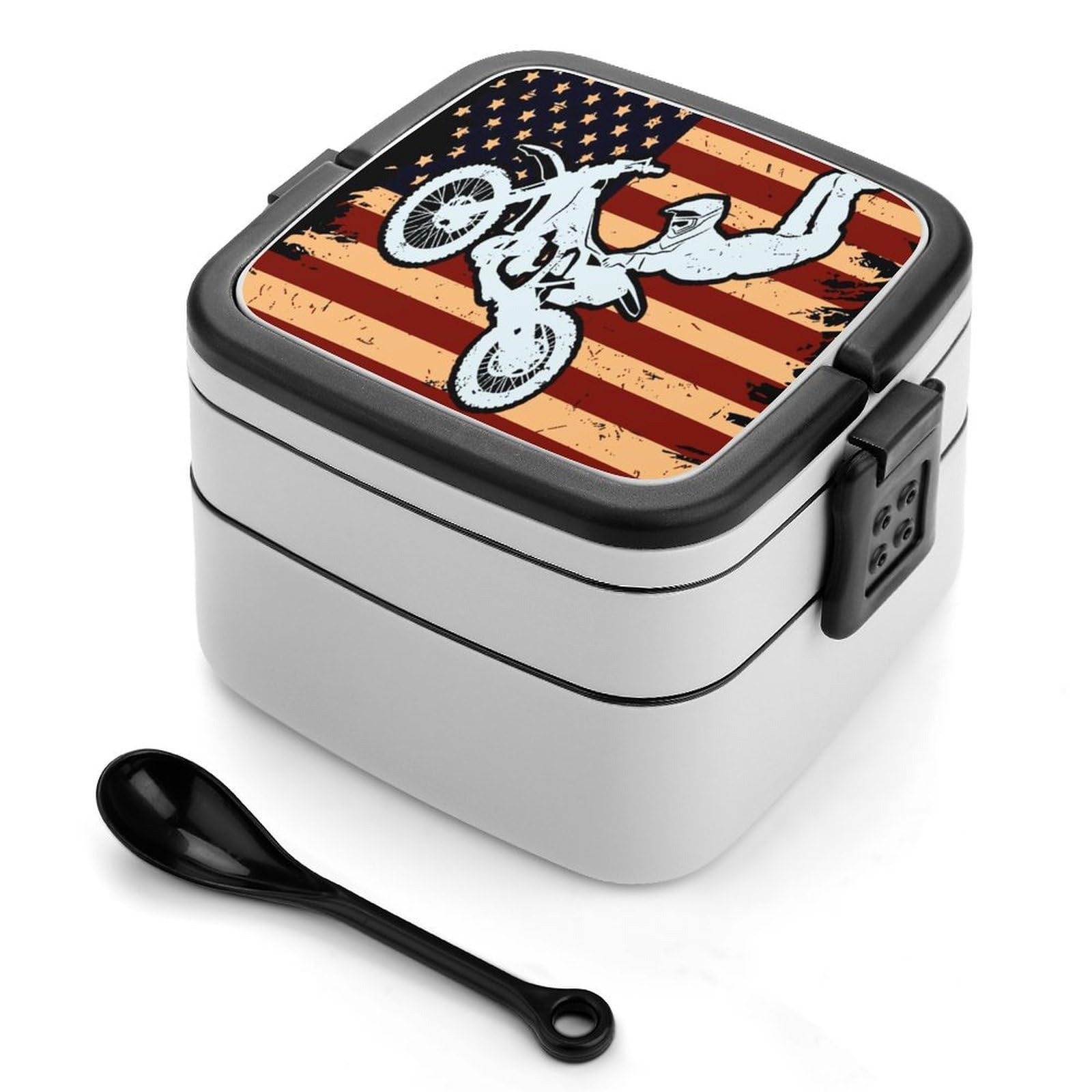 CGSBNGHA Motocross Dirt Bike USA Americans-Flag Bento Lunch Box 2 Layer Lunchbox Food Container for Adults Office