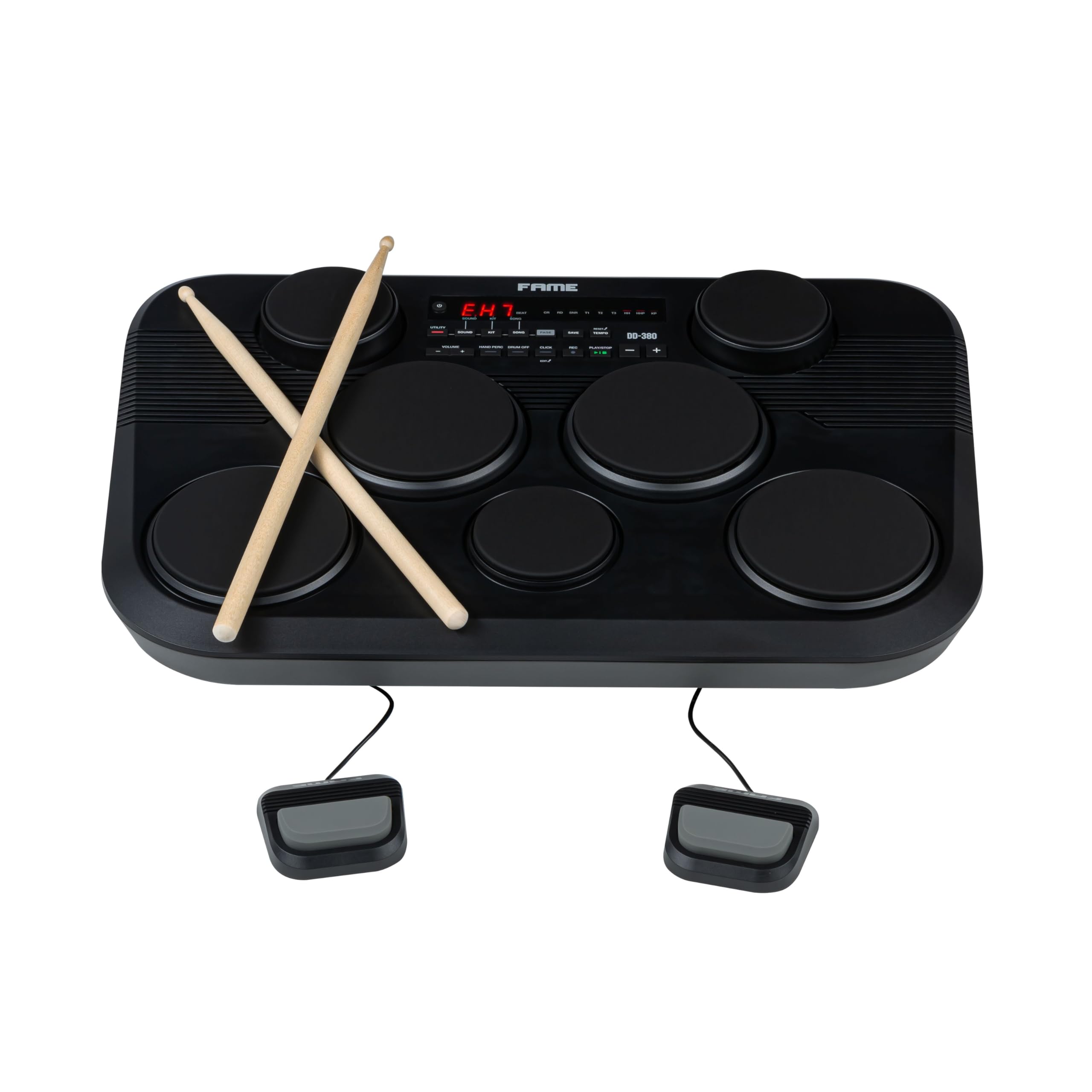 Fame DD-380 Digital Drum Set, Kompaktes E-Drum, 273 Sounds, 45 Kits, 7 anschlagsdynamische Pads, Recording-Funktion, USB-MIDI, Metronom, inkl. Sticks & Netzteil, Ideal für Zuhause & unterwegs