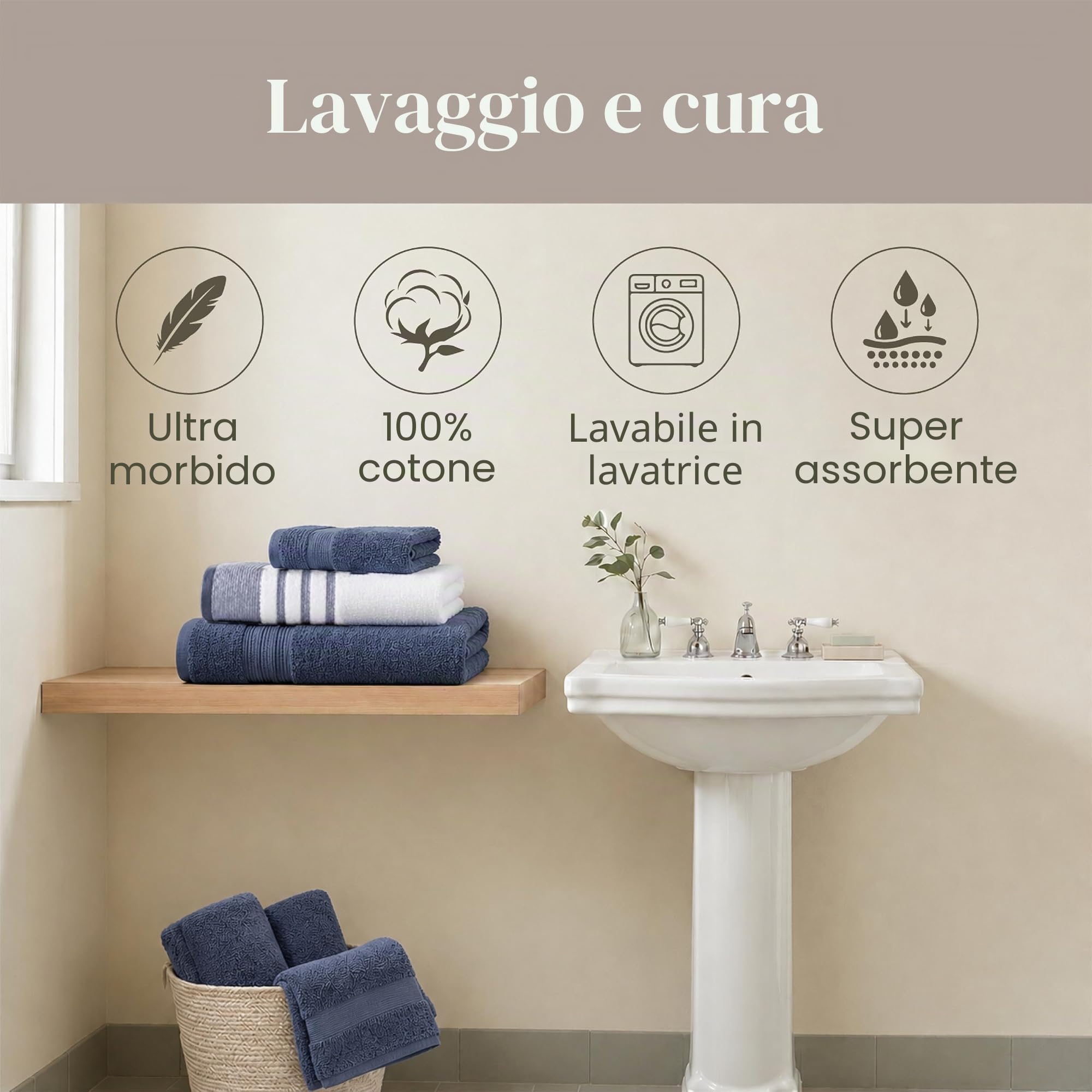 Modern Threads Set 6 Pezzi, 2 Asciugamani Bagno, 2 Asciugamani, 2 Asciugamani, Asciugatura Rapida Bianco/Contrasto Reinhart Denim
