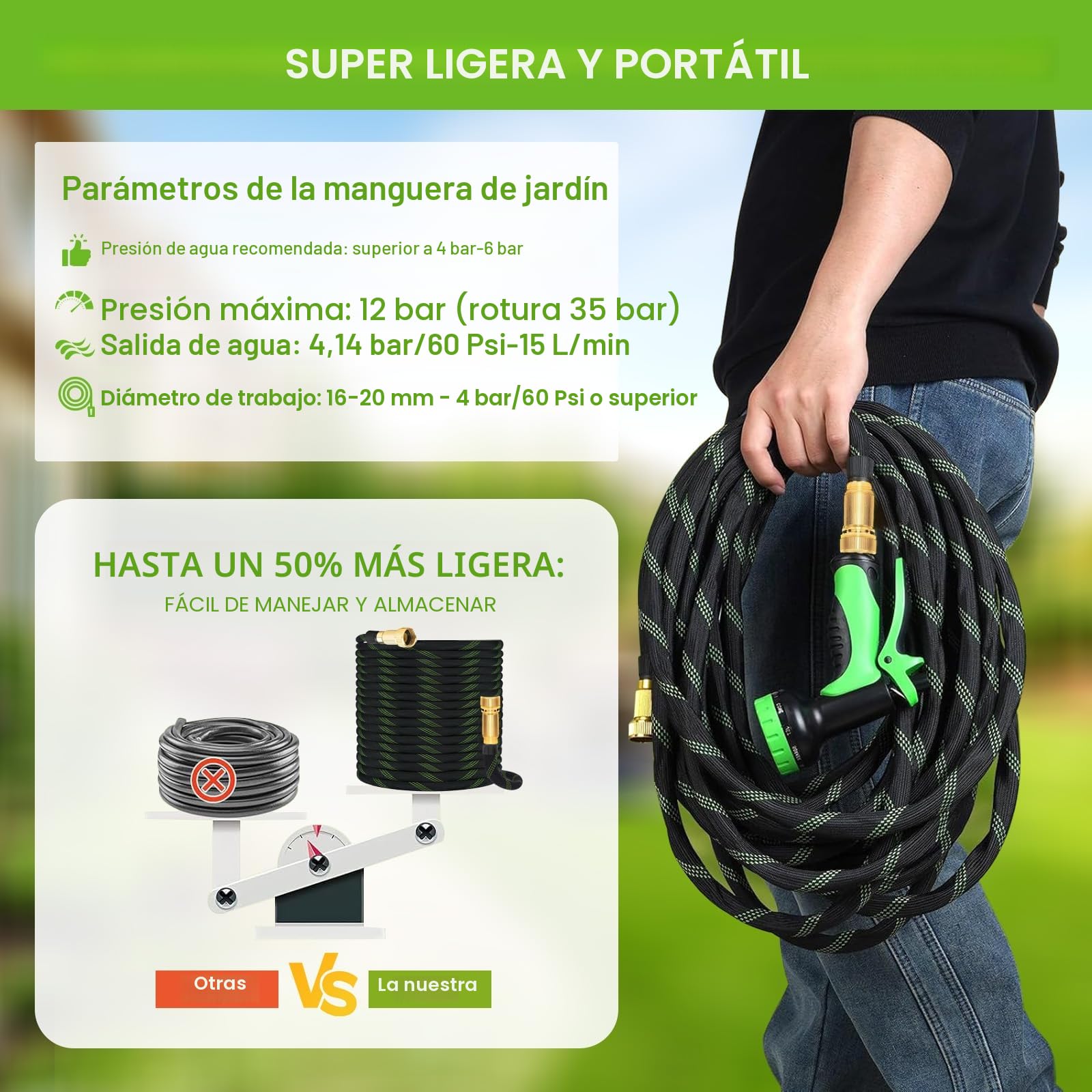 Manguera Extensible 15 Metros con Pistola de Riego 10 Funciones | Flexible, Resistente y Antienredos | Conectores de Latón 1/2" y 3/4" Antifugas | Ideal para Jardín, Exteriores y Lavado de Coches